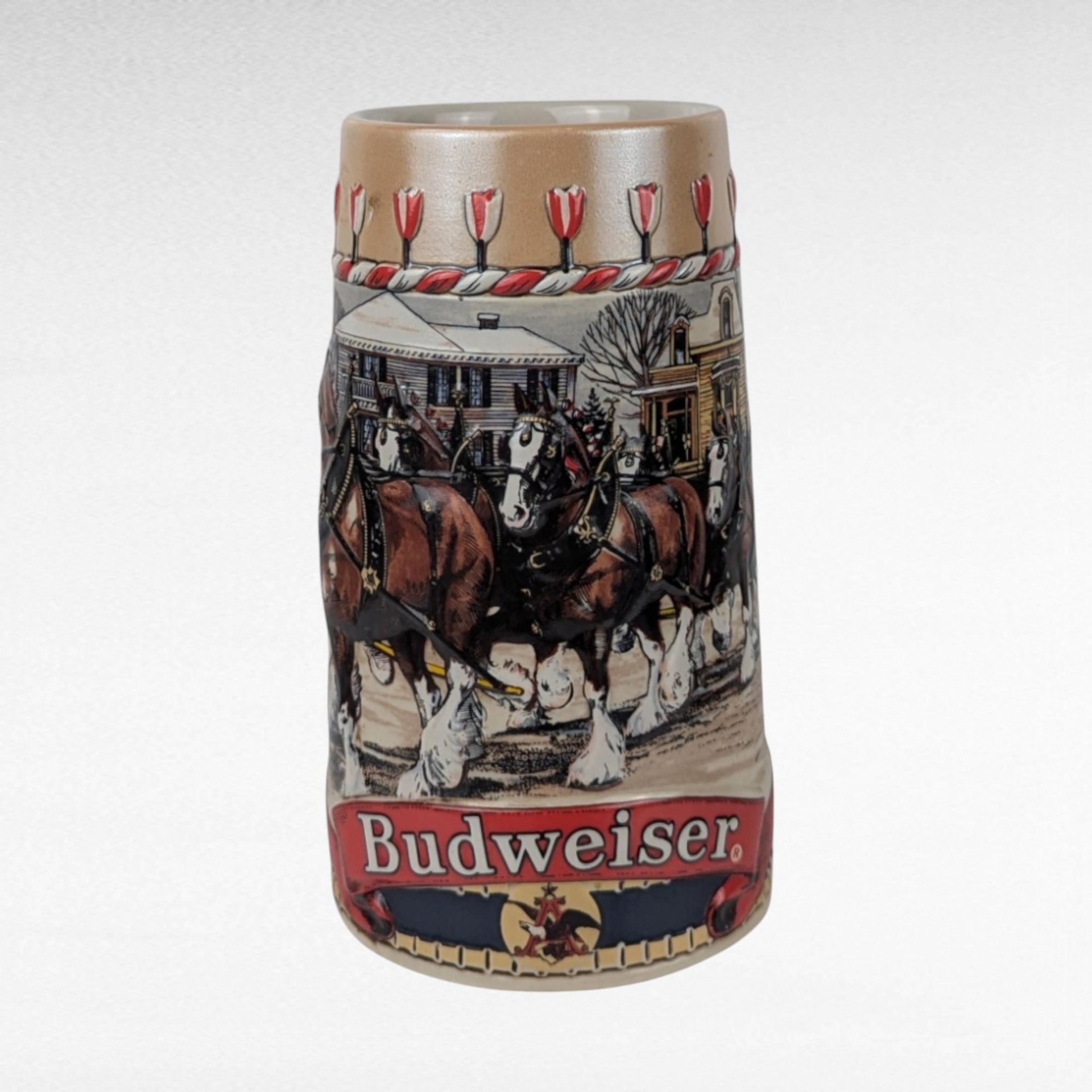 1986 Budweiser Holiday Stein | Clydesdale Horses | Christmas Town Scene | Vintage Beer Stein | Anheuser Busch Collectible