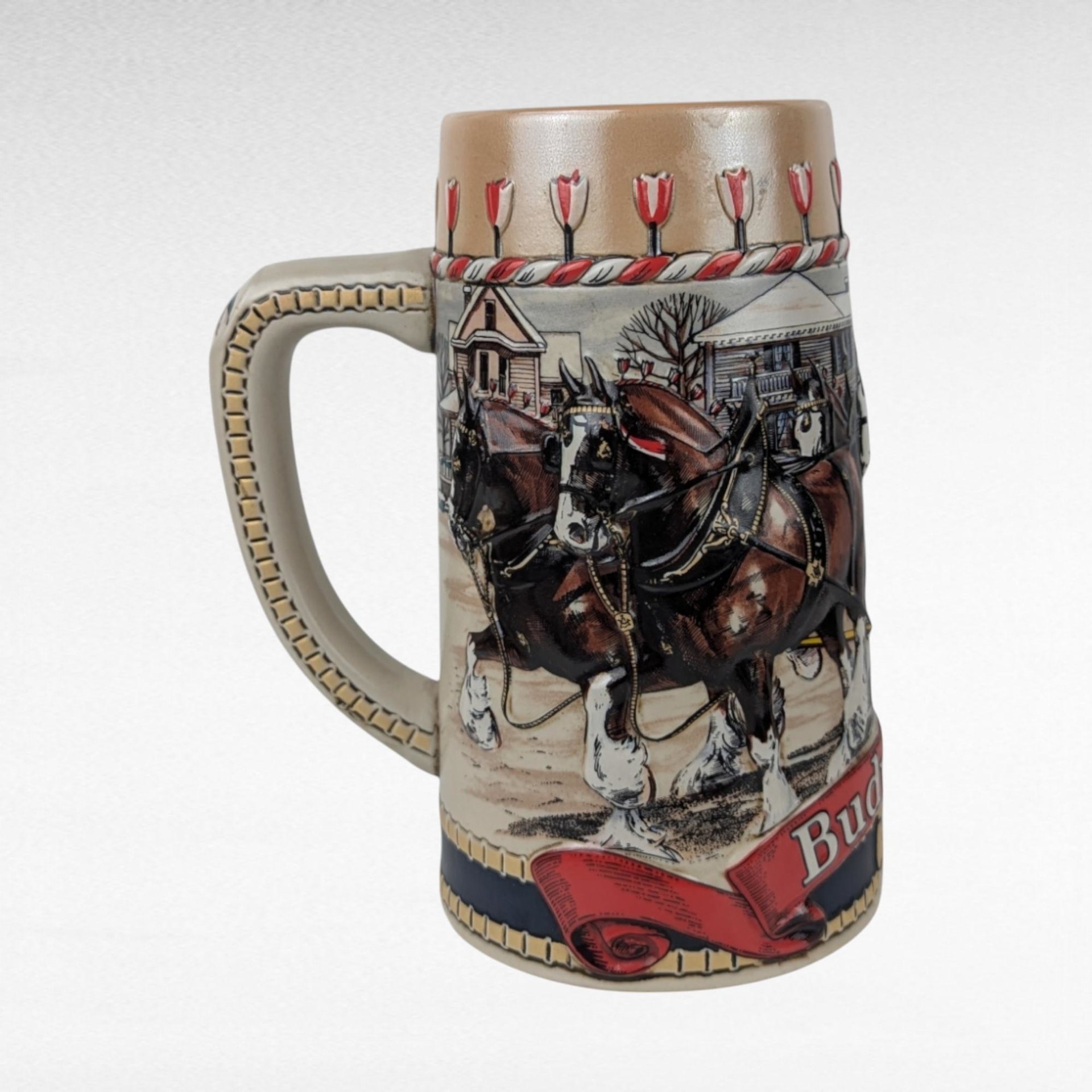 1986 Budweiser Holiday Stein | Clydesdale Horses | Christmas Town Scene | Vintage Beer Stein | Anheuser Busch Collectible
