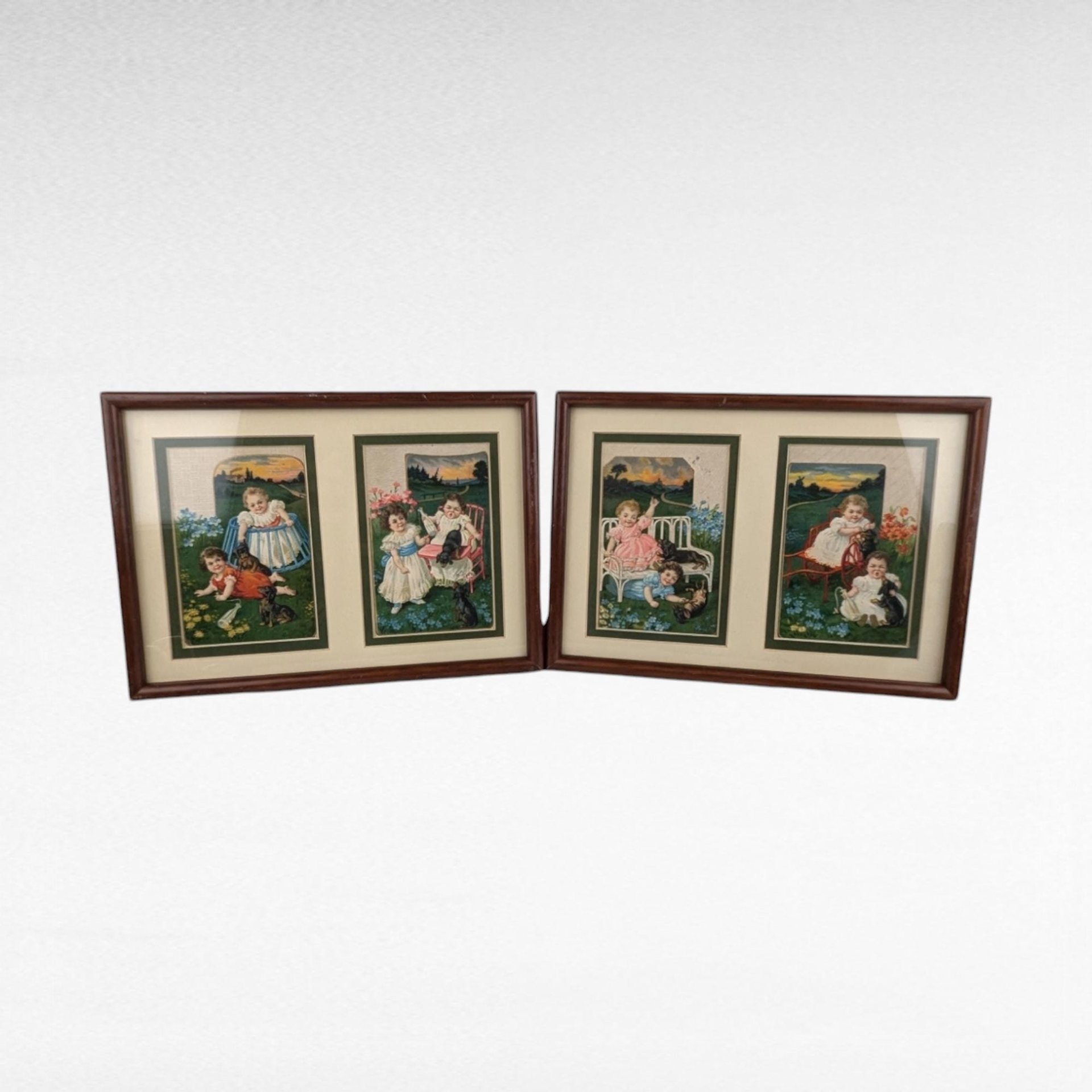 Pair of Vintage Framed Sasparilla Advertising Cards | Children & Dogs | Wall Decor | 10.5" x 8" | Set of 2