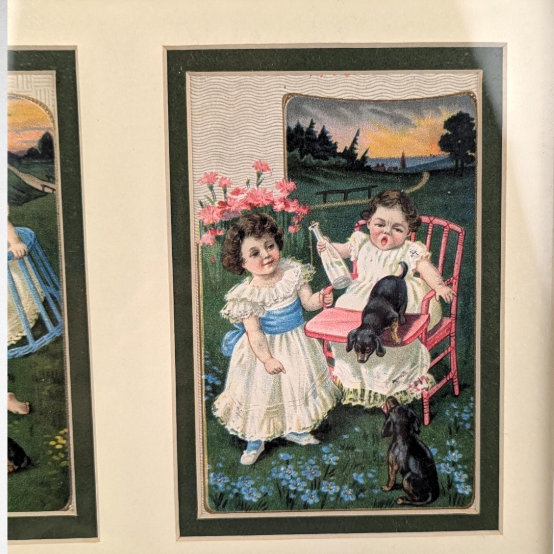 Pair of Vintage Framed Sasparilla Advertising Cards | Children & Dogs | Wall Decor | 10.5" x 8" | Set of 2