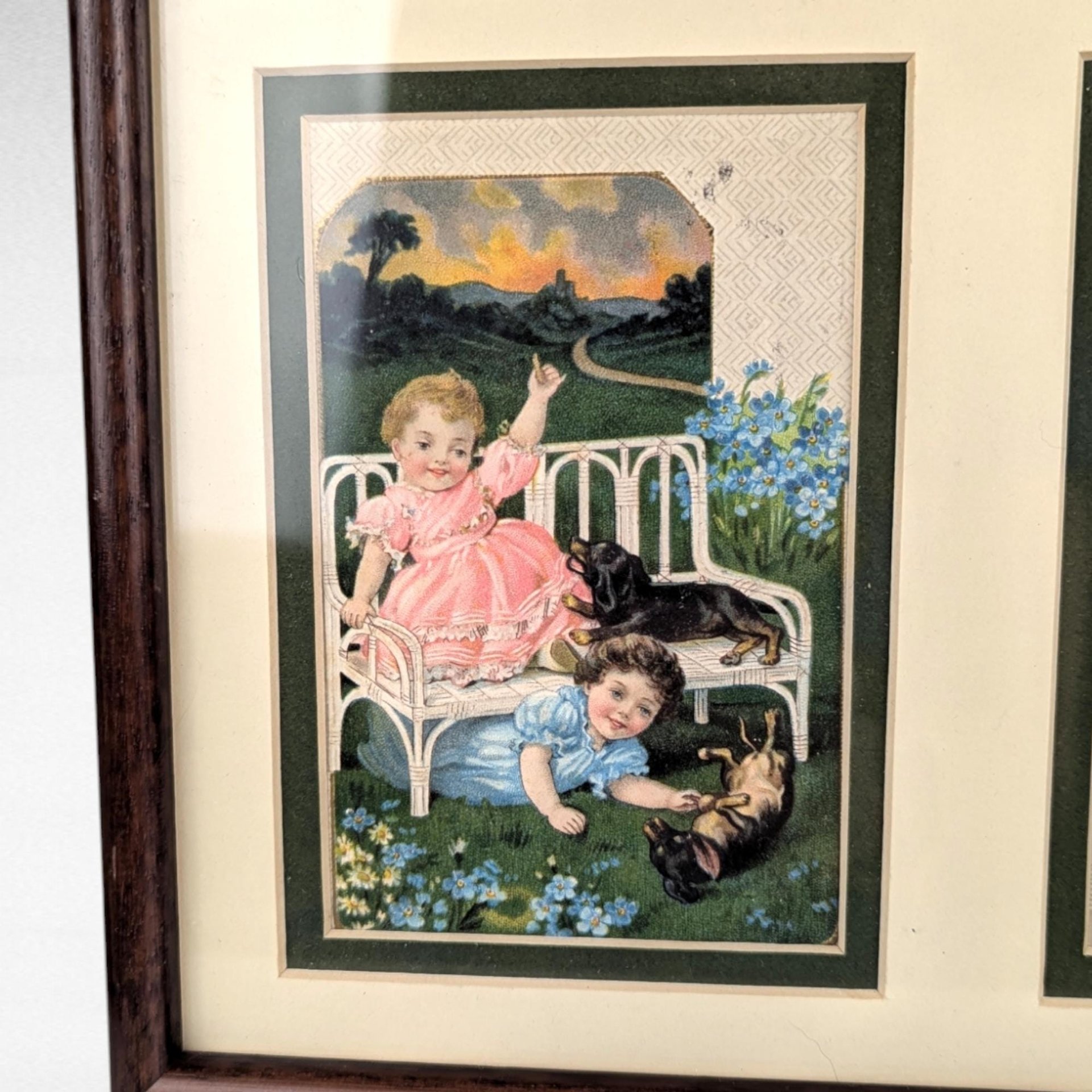 Pair of Vintage Framed Sasparilla Advertising Cards | Children & Dogs | Wall Decor | 10.5" x 8" | Set of 2