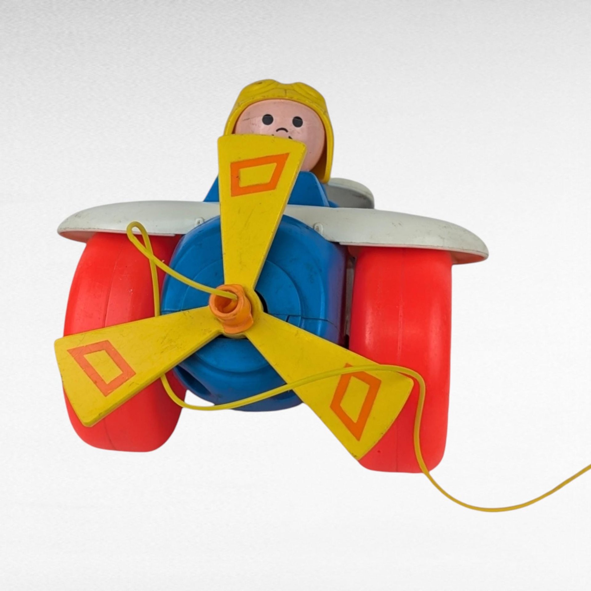 Vintage 1980s Fisher Price Pull Toy Airplane with Pilot - Blue and Yellow Plane - 8" Long - Toddler Gift - Retro Toy