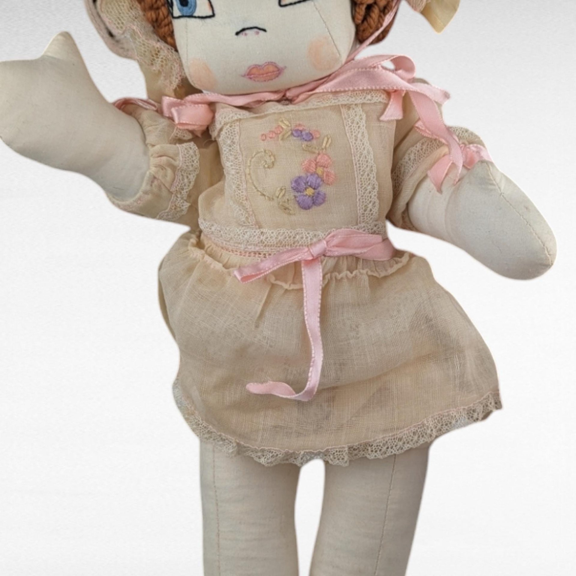 Vintage Handmade Doll, 17" Cloth Doll with Bonnet and Dress, Collectible Doll, Gift for Doll Collectors, Play Doll, Nursery Decor