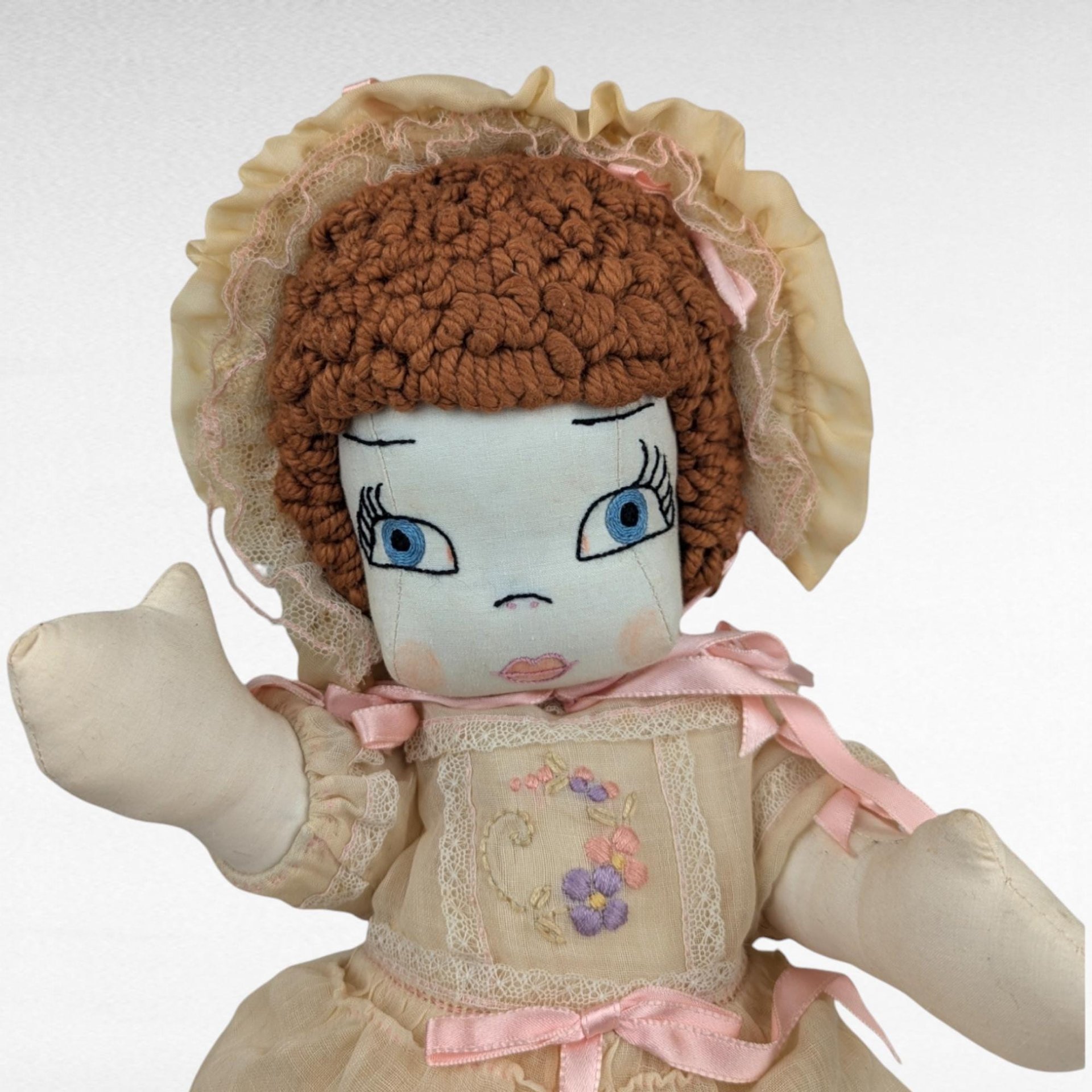 Vintage Handmade Doll, 17" Cloth Doll with Bonnet and Dress, Collectible Doll, Gift for Doll Collectors, Play Doll, Nursery Decor
