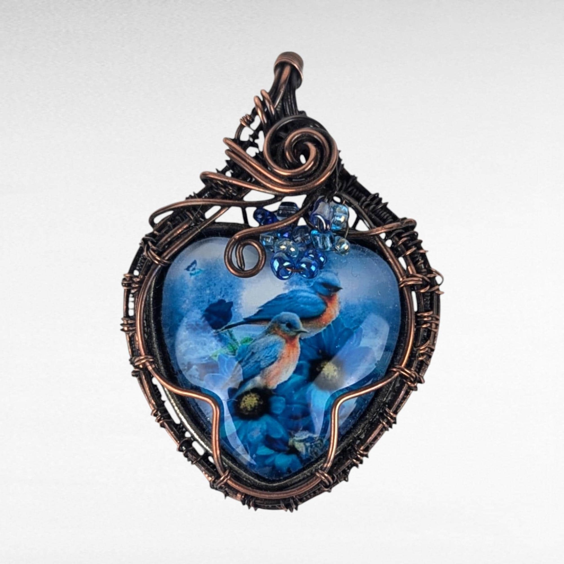 Handmade Copper Wire Wrapped Pendant with Blue Birds | Unique Artisan Jewelry | Nature-Inspired Necklace | Gift for Bird Lovers