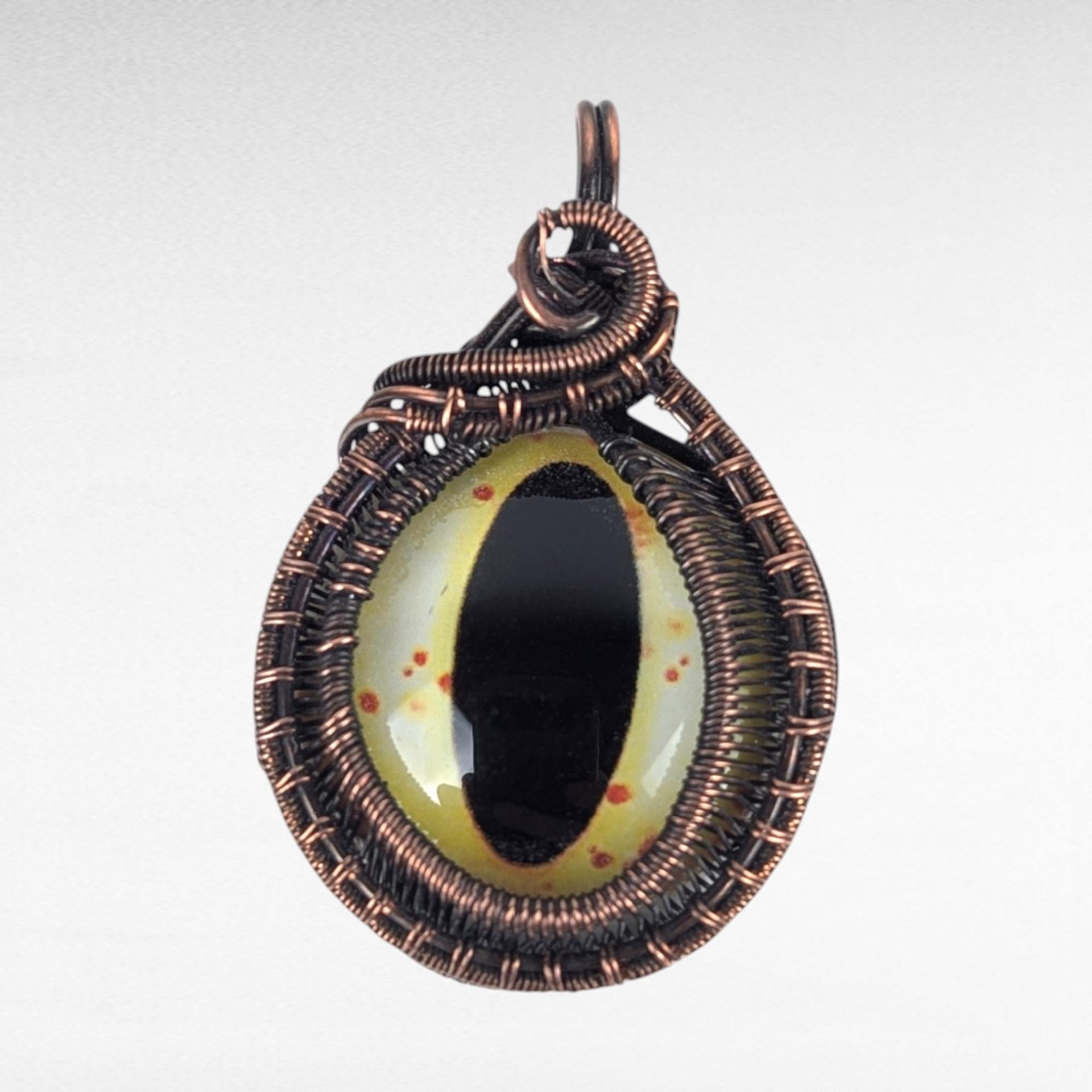 Copper Wire-Wrapped Pendant with Yellow Eye | Unique Artisan Jewelry | Handmade Statement Necklace | Bohemian Style Accessory