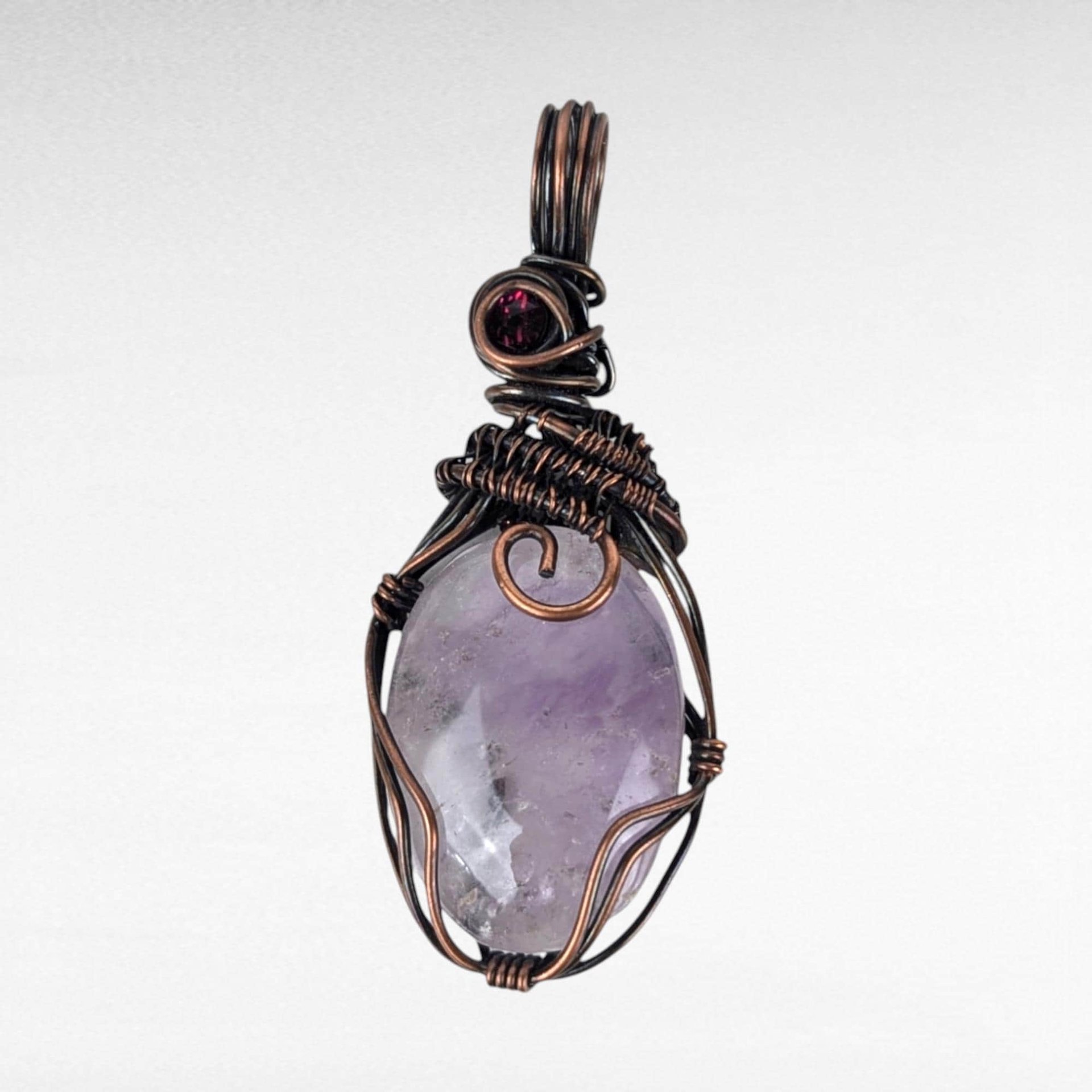 Handmade Copper Wire Wrapped Amethyst Pendant, Amethyst and Garnet Jewelry, Artisan Pendant, Statement Necklace, Gift for Her