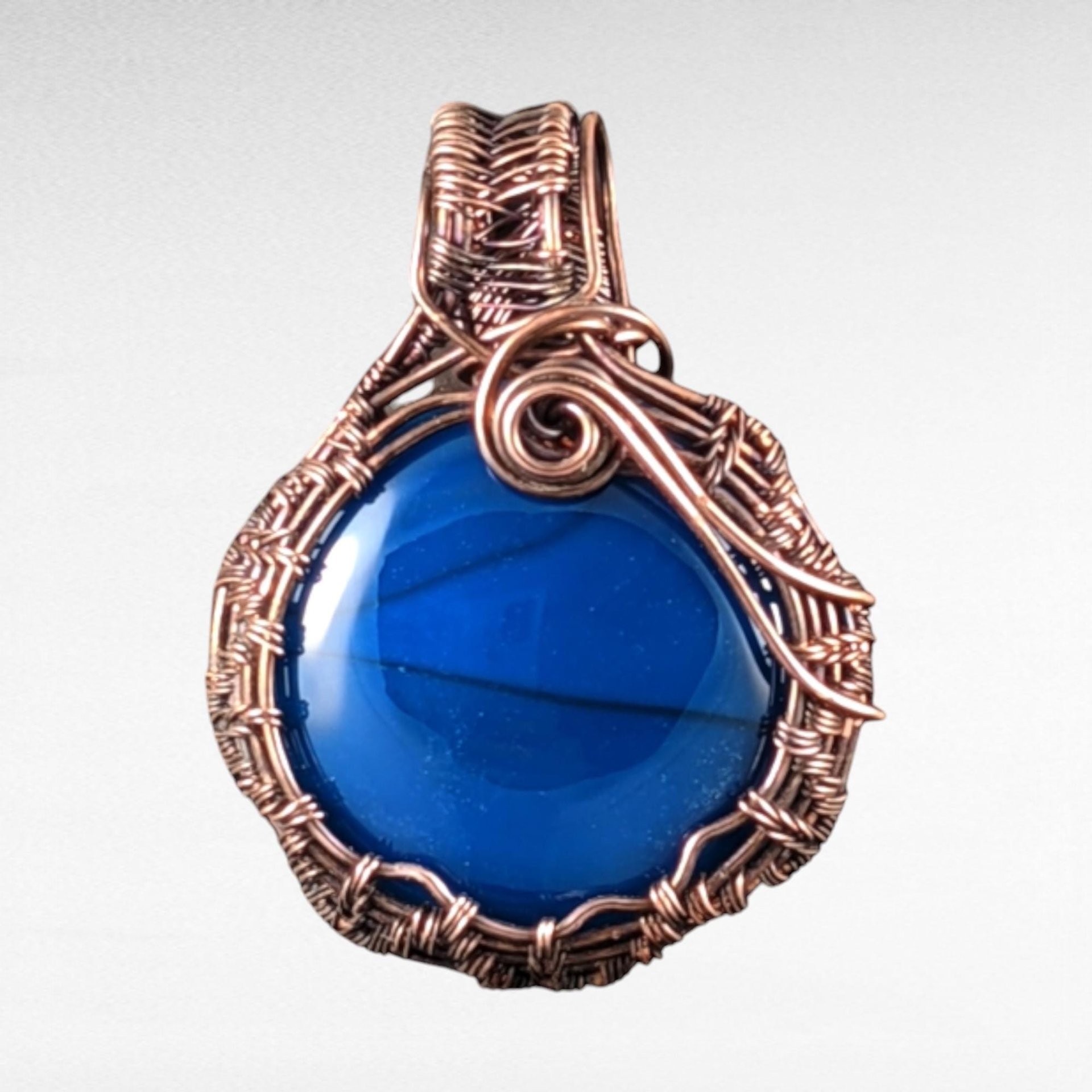 Handcrafted Copper Wire Wrapped Blue Agate Pendant 