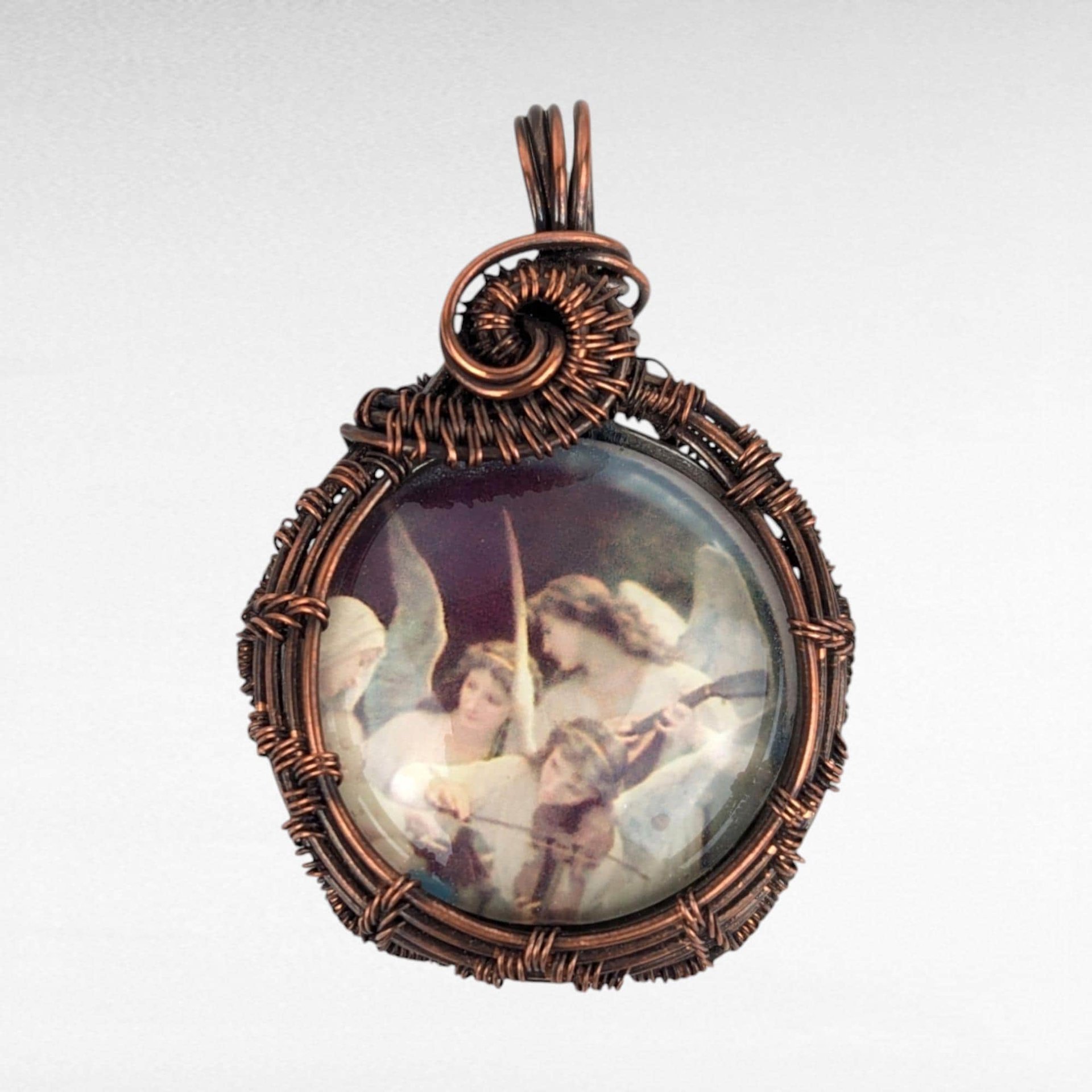 Handmade Copper Wire Wrapped Angelic Pendant, Antiqued Glass, Spiritual Jewelry, Unique Gift, One-of-a-Kind