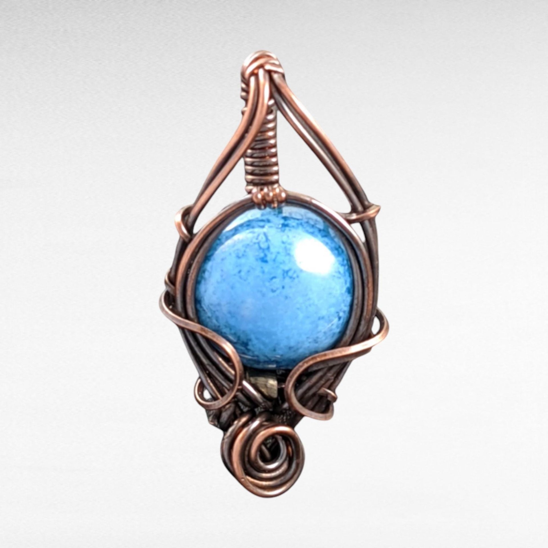 Handmade Copper Wire Wrapped Blue Czech Glass Pendant, Unique Artisan Jewelry, Handmade Gift Idea