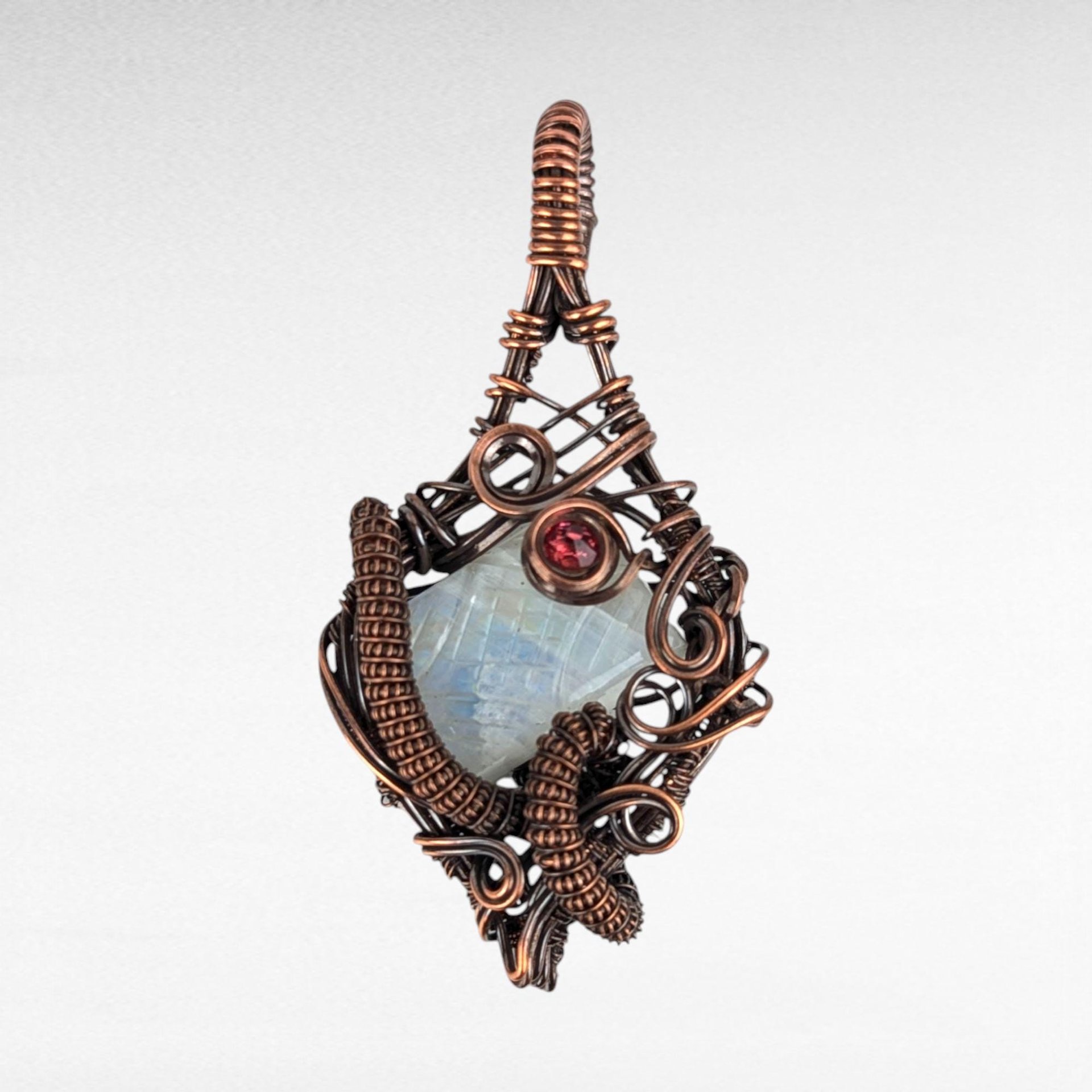 Handmade Copper Wire Wrapped Moonstone Pendant | Carved Moonstone with Pink Crystal Accent | Antiqued Copper | Unique Gift