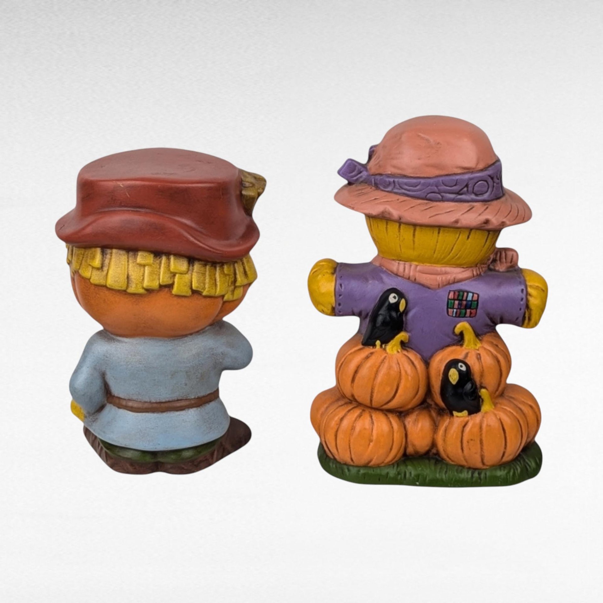 Vintage 1970s Hand Painted Scarecrow and Jack O'Lantern Figures - Halloween Decor - Fall Decor - Retro Figurines