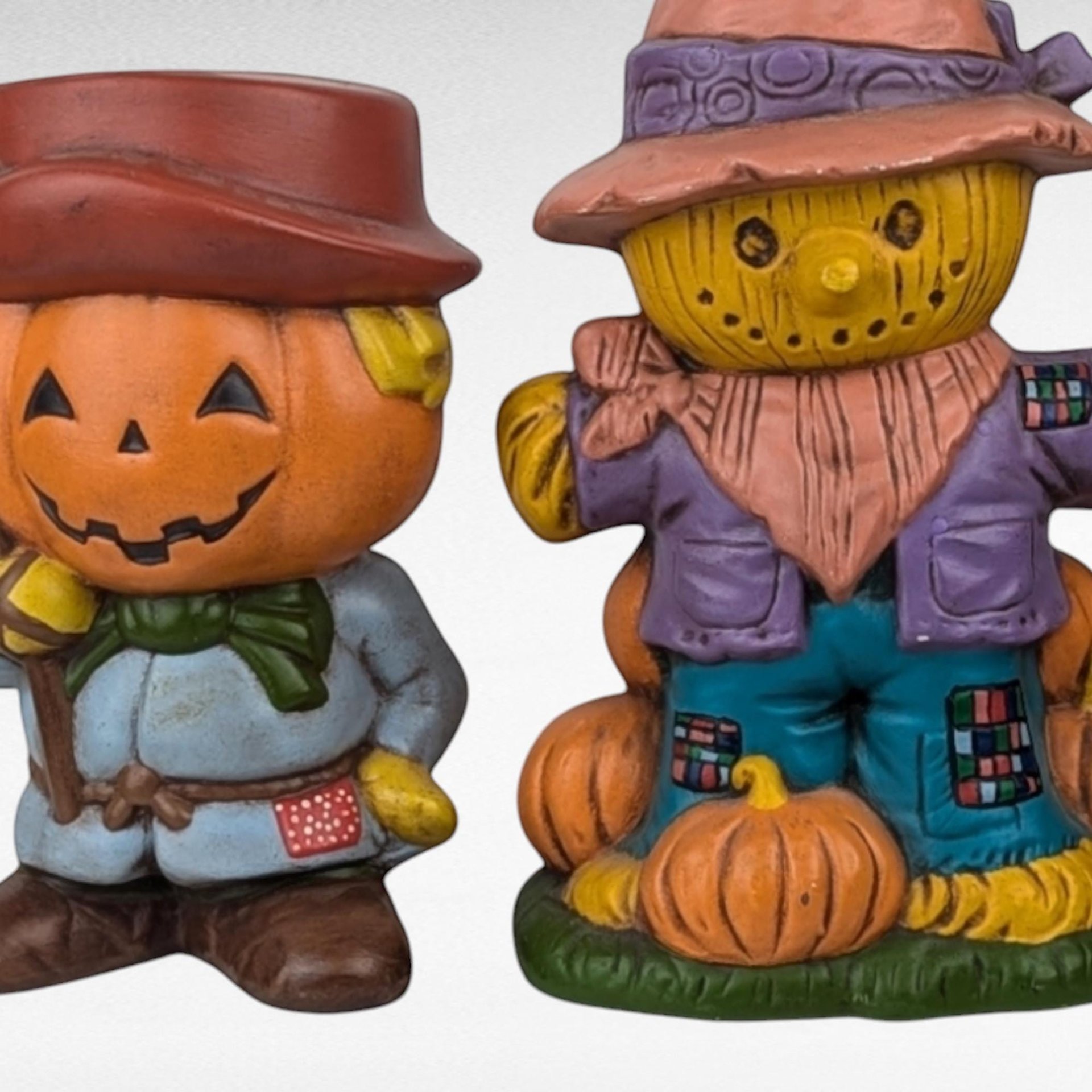 Vintage 1970s Hand Painted Scarecrow and Jack O'Lantern Figures - Halloween Decor - Fall Decor - Retro Figurines
