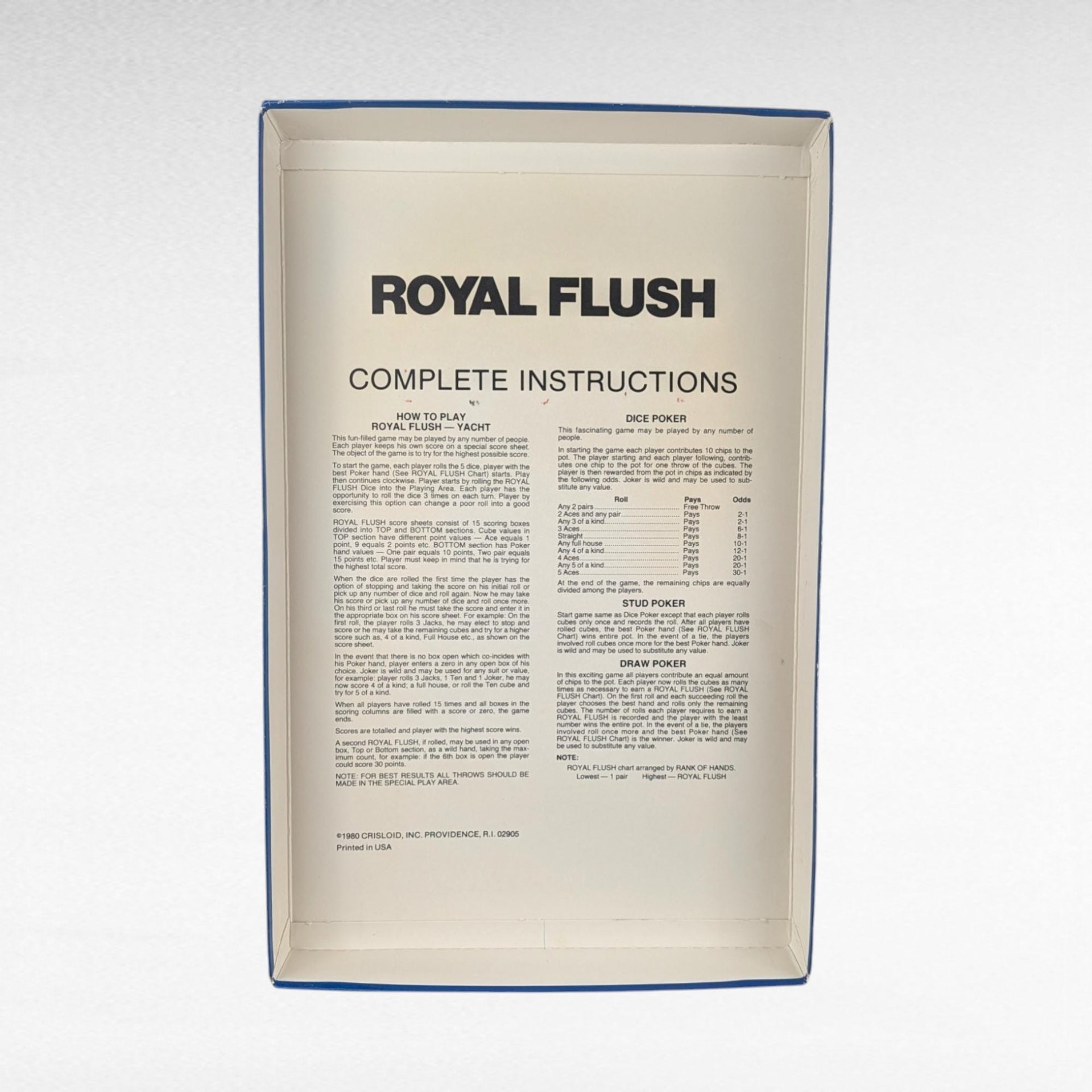 Vintage 1980 Royal Flush Game by Crisloid | Complete Poker Game | Yacht, Draw Poker, Stud Poker | Retro Game