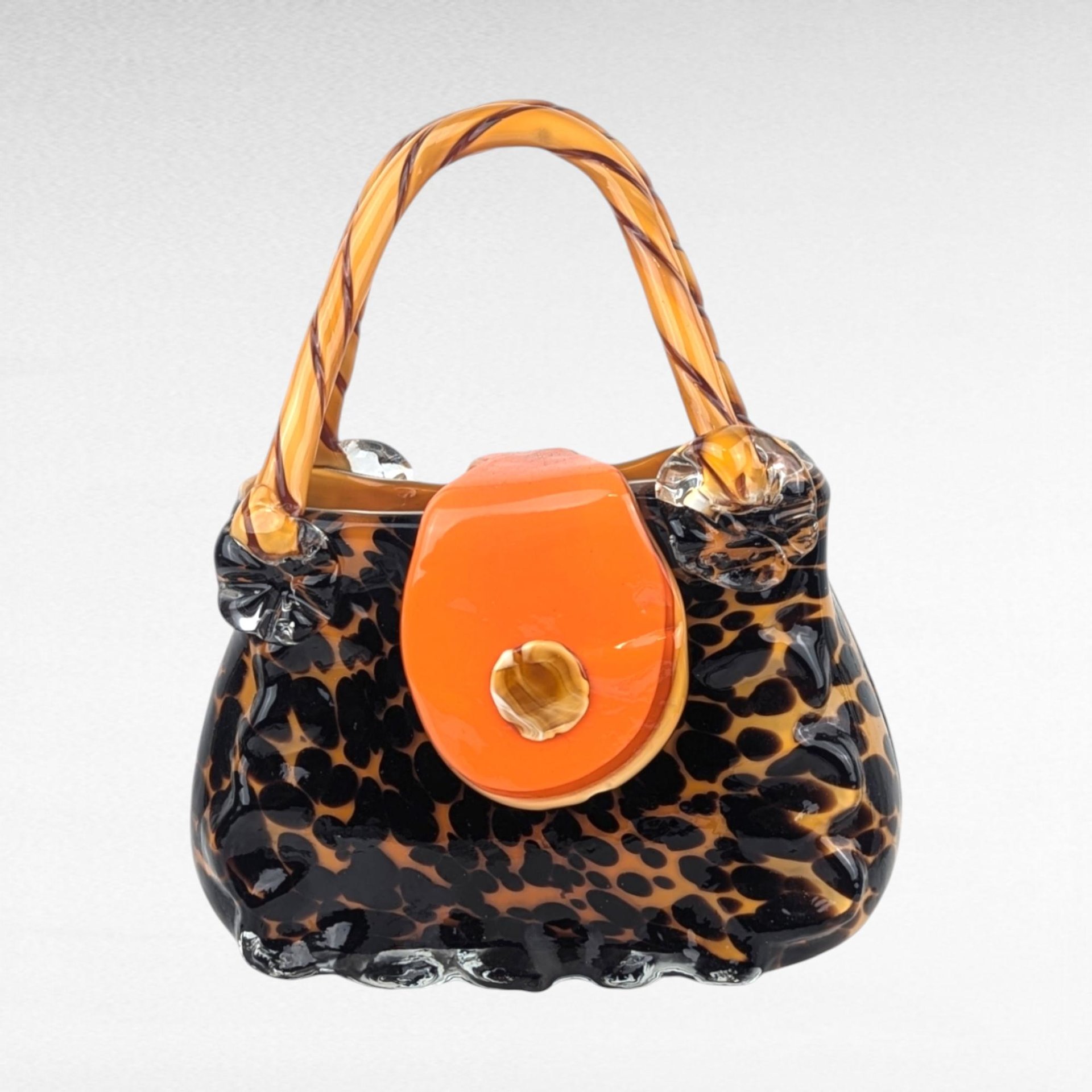 Vintage Art Glass Purse with Orange Strap | Handblown Glass Sculpture | Unique Home Decor | Collectible Glass