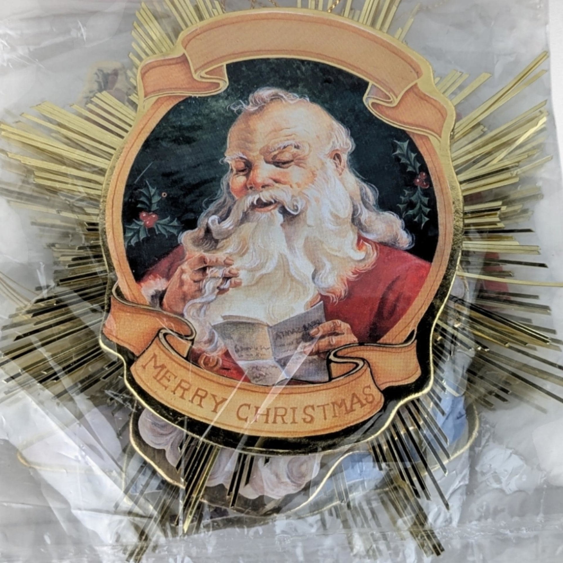 Vintage 1991 Roman Santa Starburst Ornaments, Set of 4, 5" Gold Foil Christmas Ornaments, New in Package, Retro Holiday Decor
