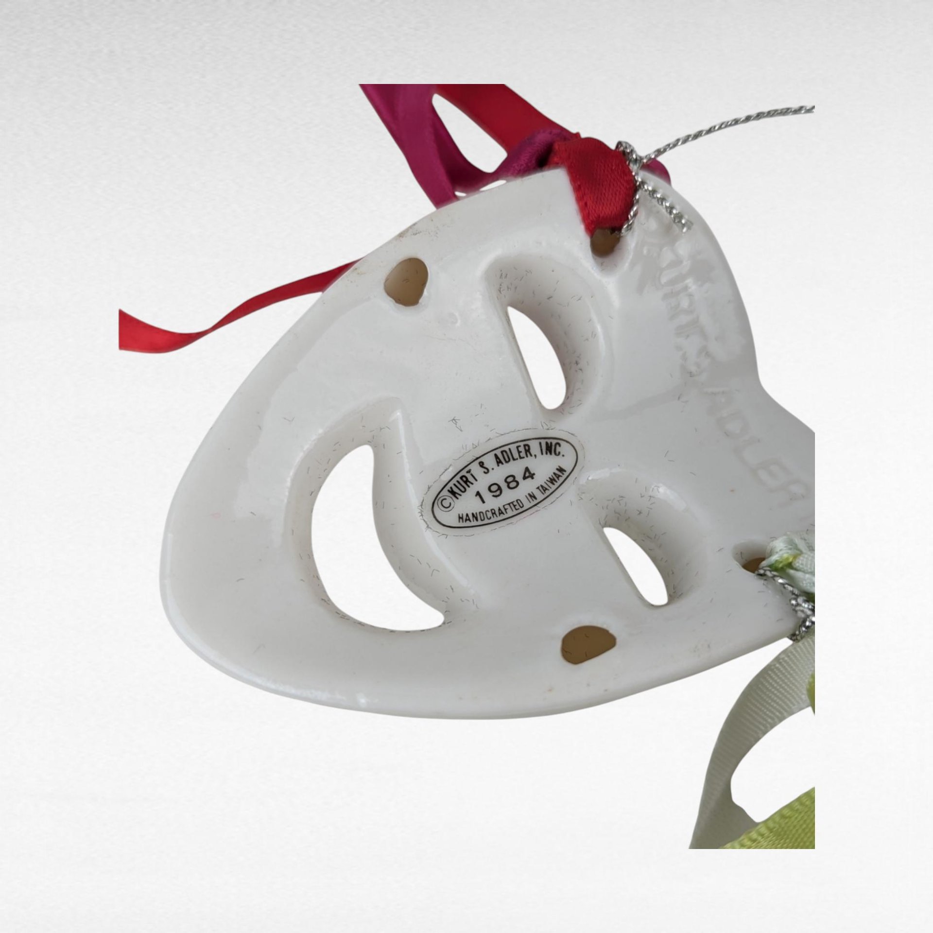 Vintage 1984 Kurt Adler Santa's World Porcelain Mask Ornament, Comedy Mask, Harlequin, Christmas Ornament