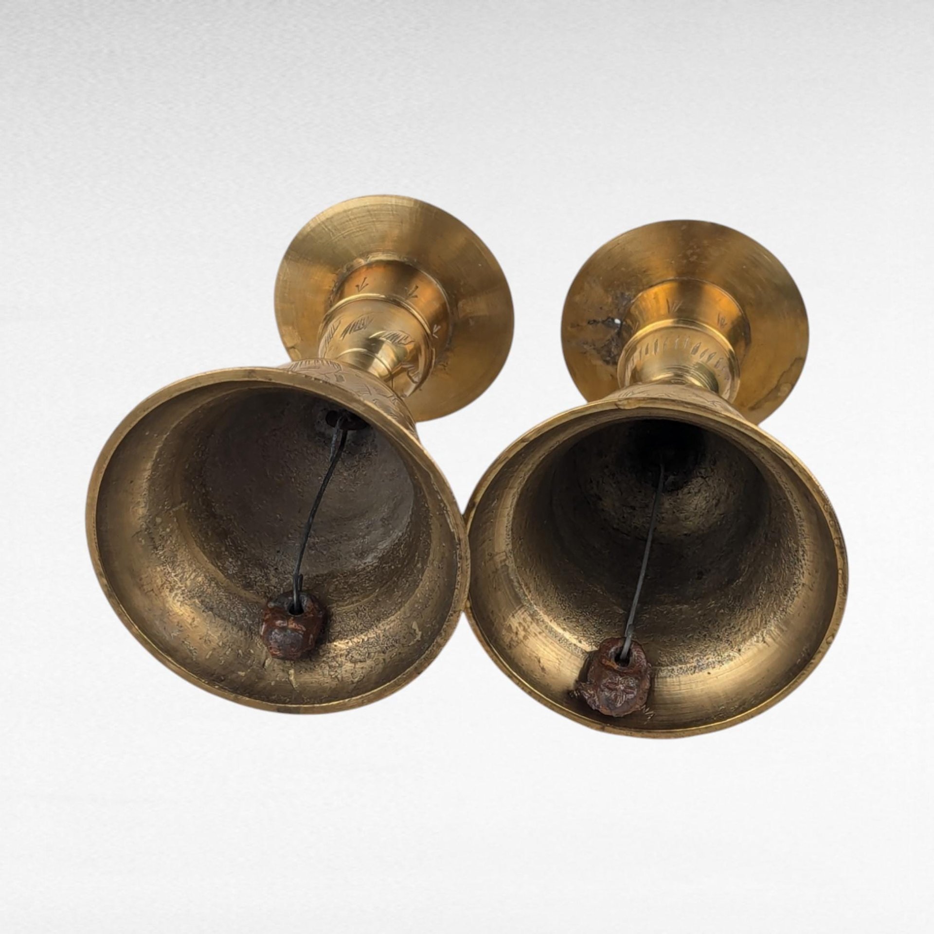 Vintage Brass Bell Candle Holders, Pair of Candlesticks, Etched Floral Design, 4" Tall, Table Decor