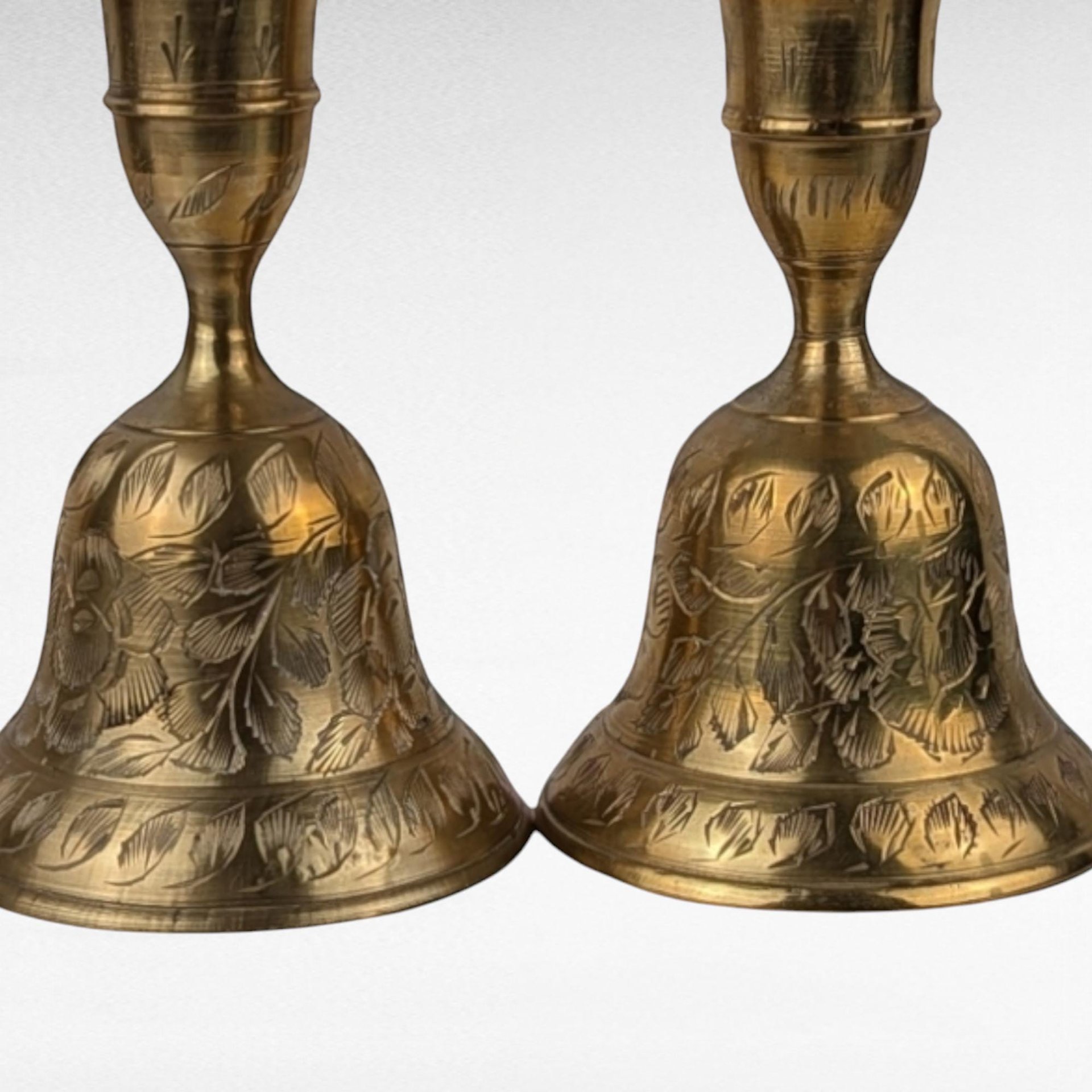 Vintage Brass Bell Candle Holders, Pair of Candlesticks, Etched Floral Design, 4" Tall, Table Decor