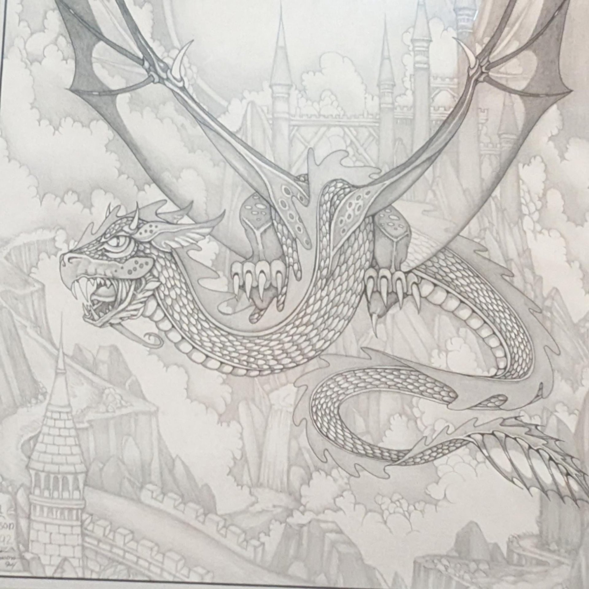 Vintage Dan Thompson Signed Fantasy Art Print, Dragon and Castle Scene, Framed, 30 x 24.25 Inches