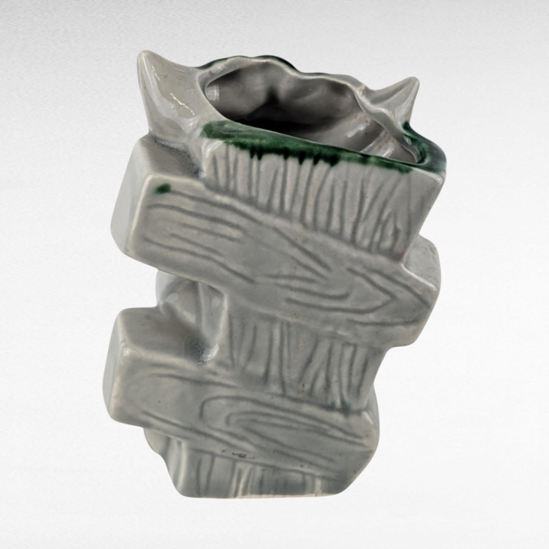 Vintage Ceramic Rabbit Planter, Whimsical Bunny with Fence, Green and Gray, 5" Tall