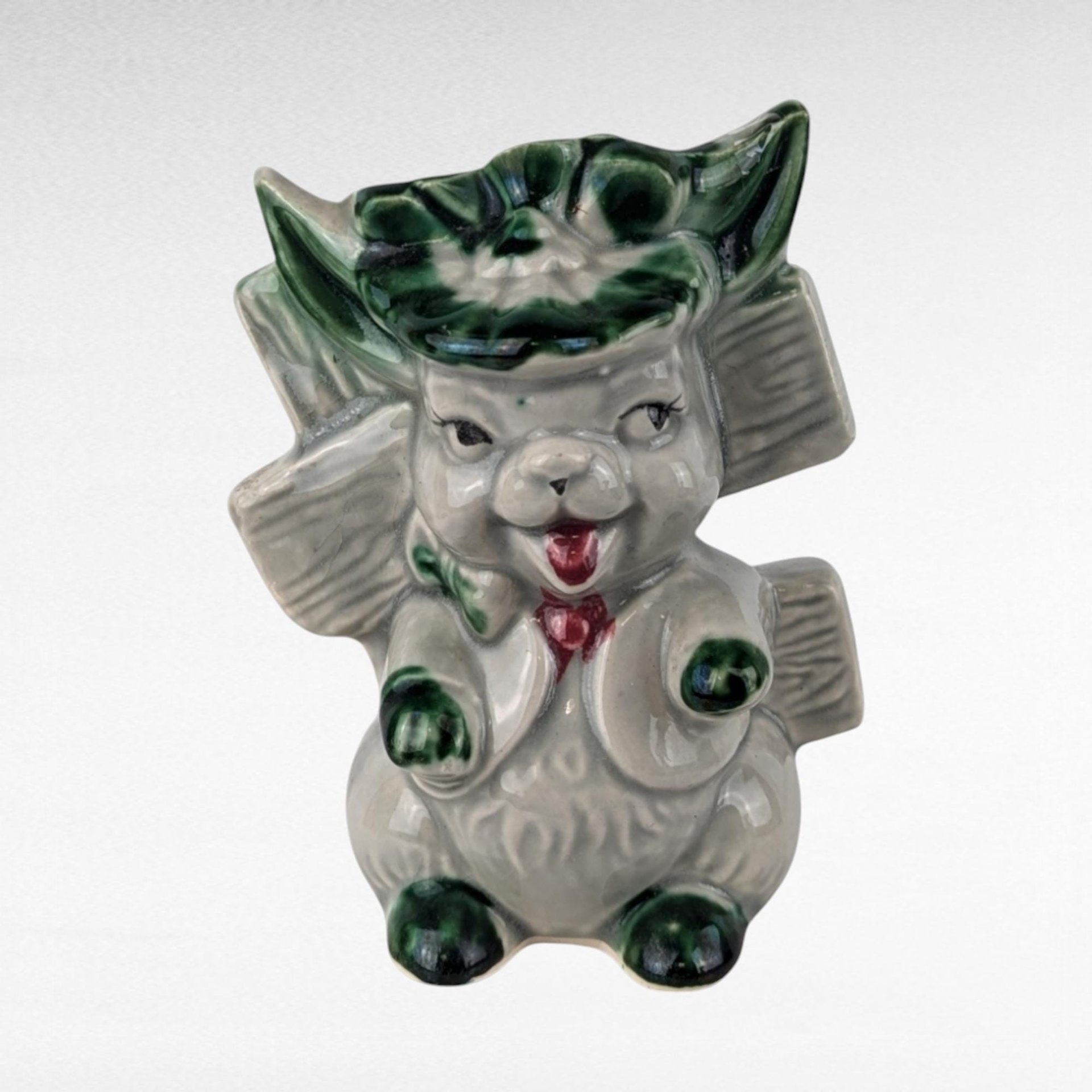 Vintage Ceramic Rabbit Planter, Whimsical Bunny with Fence, Green and Gray, 5" Tall