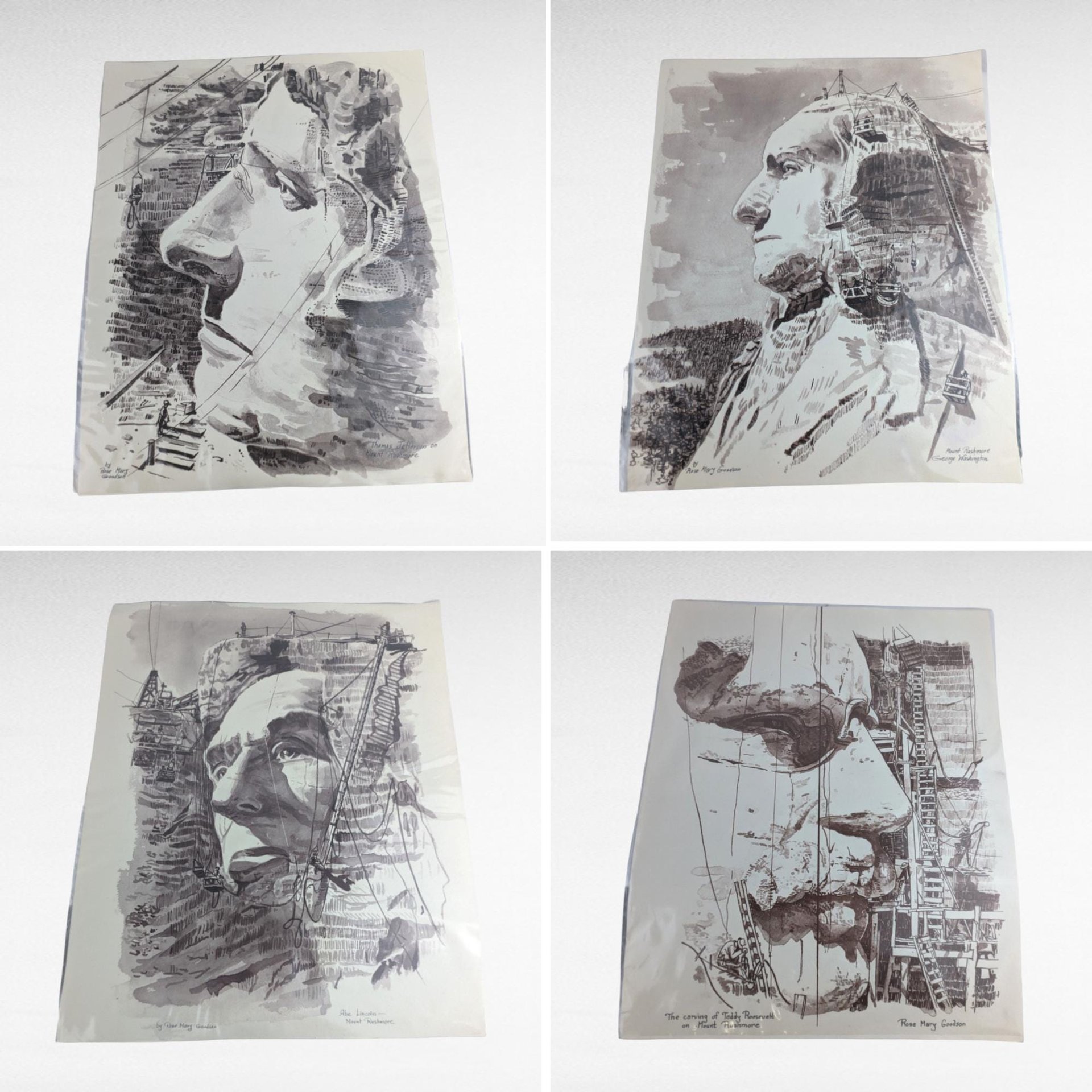 Vintage Rose Mary Goodson Mount Rushmore Print Set, Jefferson, Roosevelt, Lincoln, Washington, Historical Art, Americana Decor