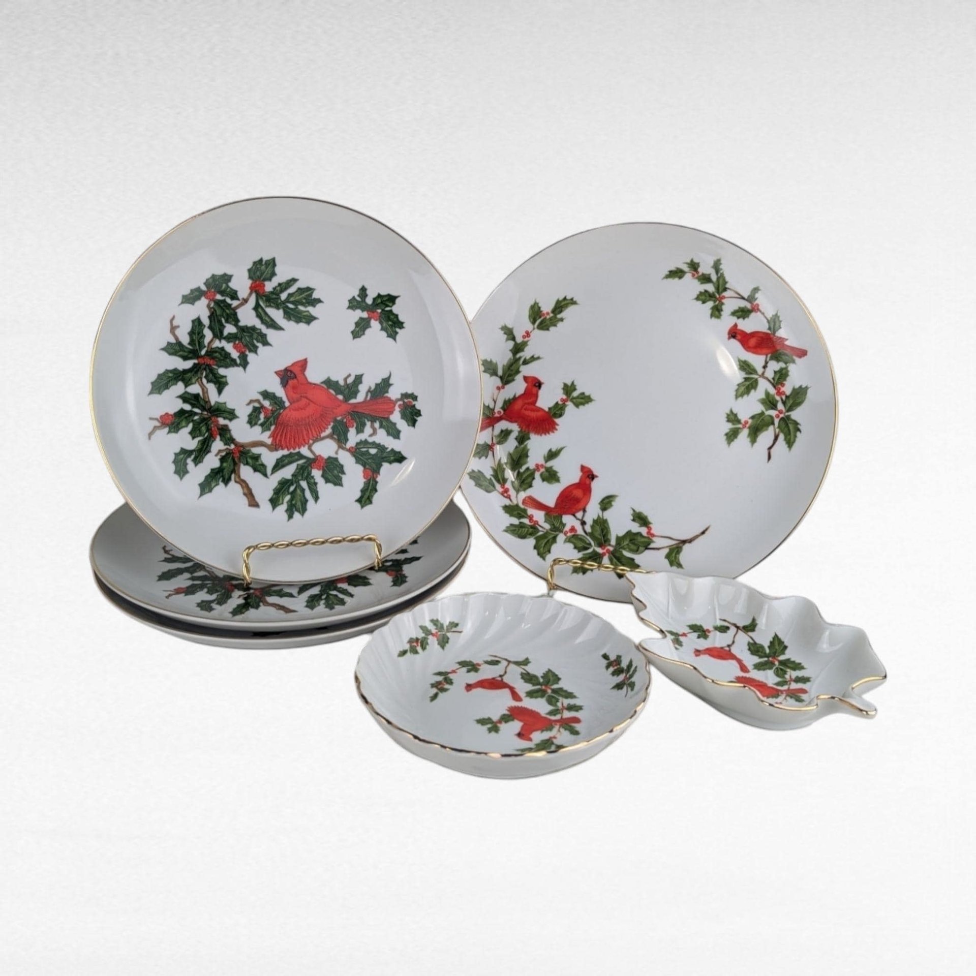 Vintage Lefton Cardinal Christmas Dishes, 6-Piece Set, Porcelain Plates, Leaf Dish, Trinket Dish, Holiday Decor, 1984