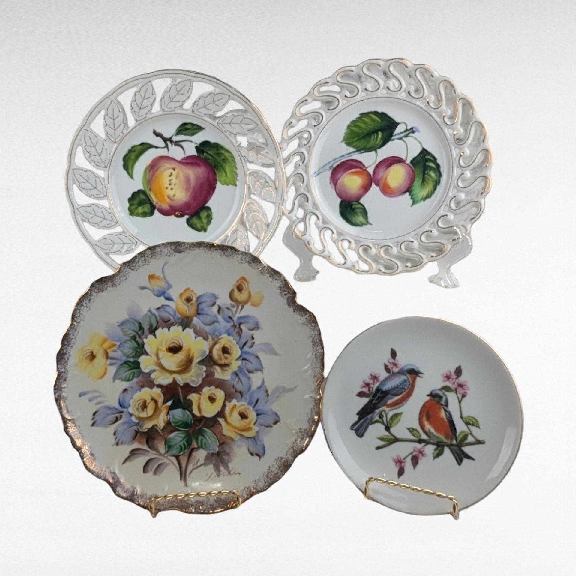 Vintage Decorative Plate Collection | Reticulated Fruit Plates, Bluebird Plate, Floral Plate with Gilded Edge | Wall Decor