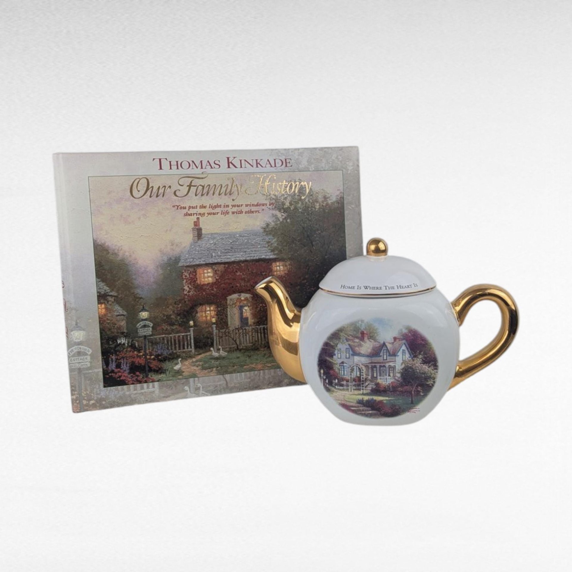 Vintage Thomas Kinkade Our Family History Book & Teapot Set, Home is Where the Heart Is Teapot, Collectible Gift, Family Keepsake