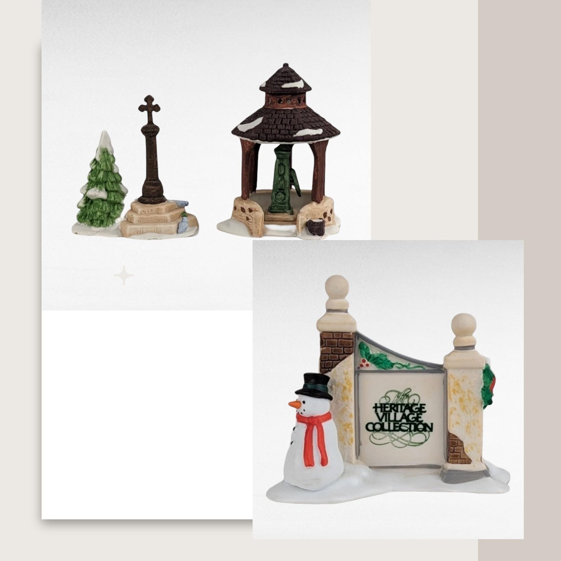 Vintage Dept 56 Village Accessories, Snowman Sign, Well & Cross Set