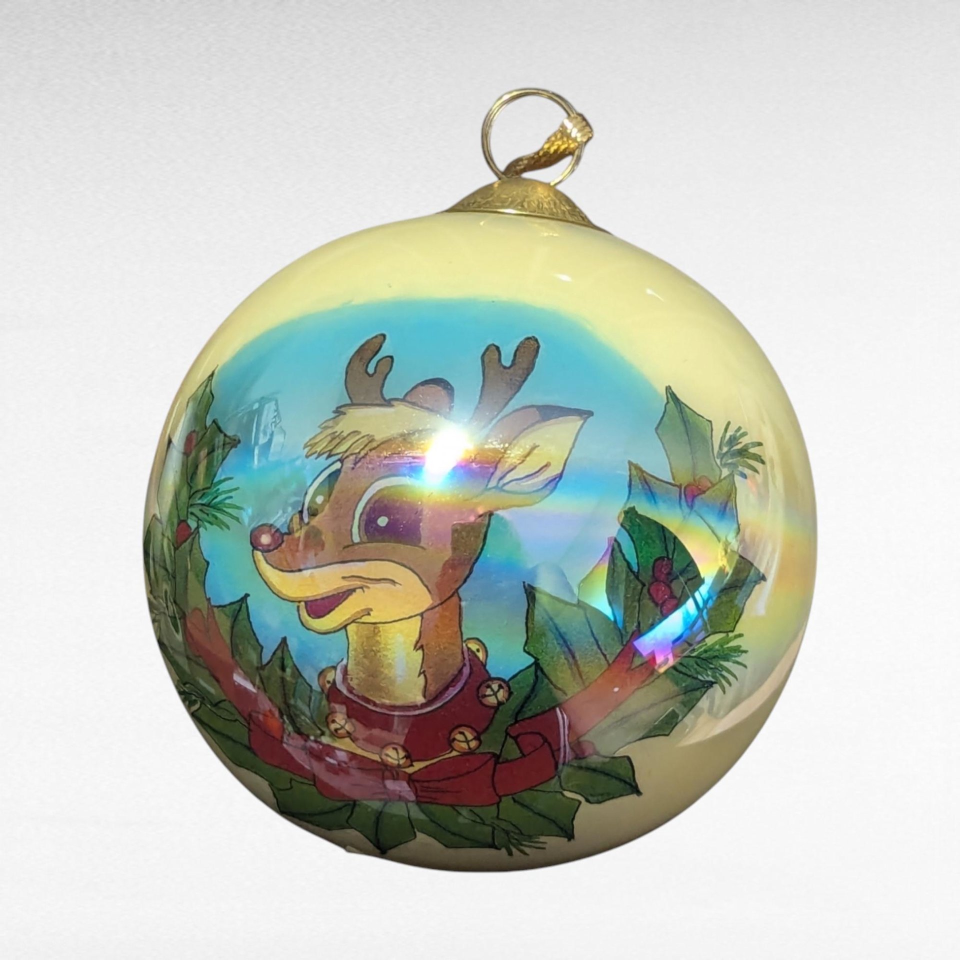 1999 JC Penny Rudolph Reverse Painted Christmas Ornament, Vintage Holiday Decor, Collectible Rudolph Ornament, Gift for Rudolph Fan