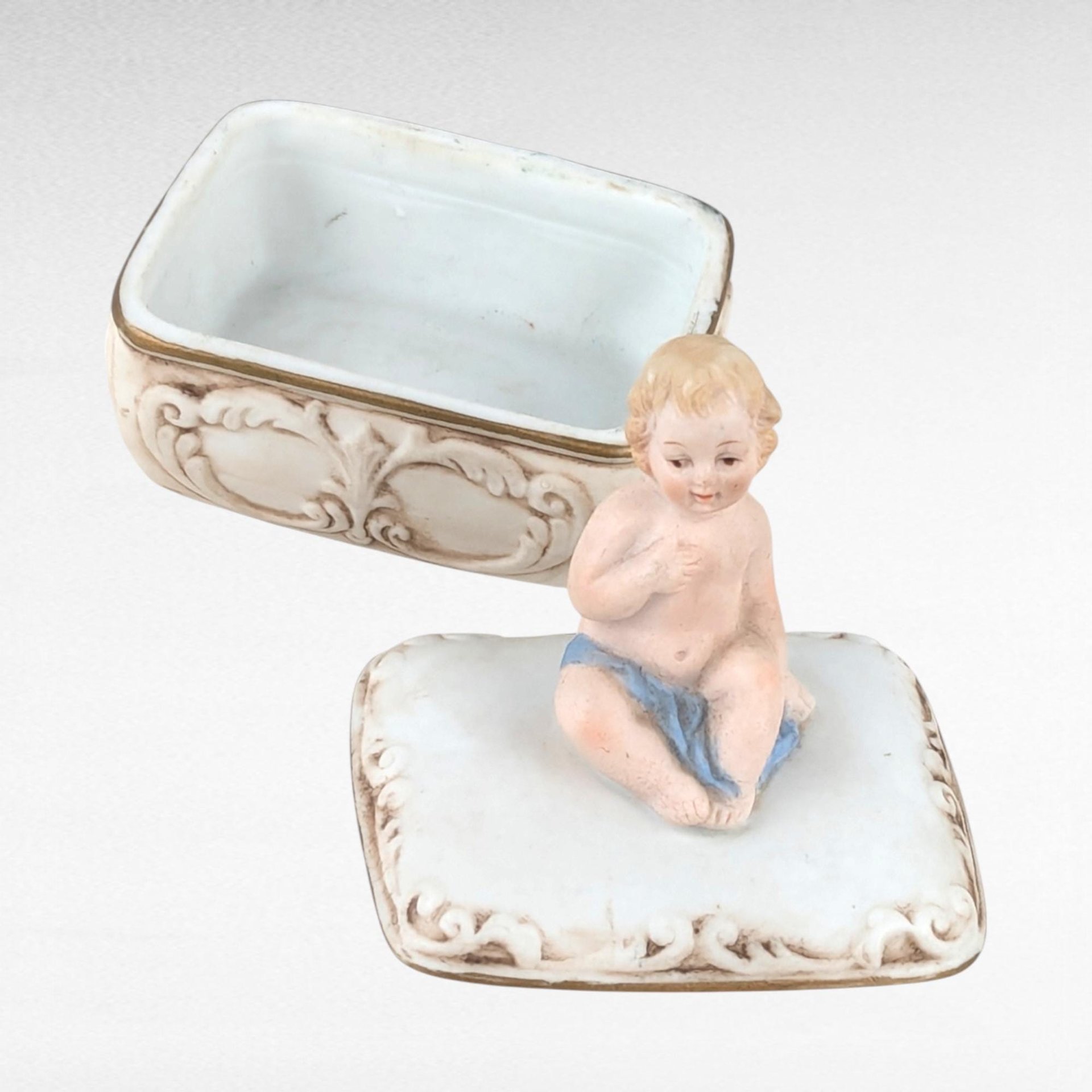 Bisque Porcelain Trinket Box, Baby with Blue Blanket Figurine, Keepsake Box, Nursery Decor, Gift for Baby Shower, Christening Gift