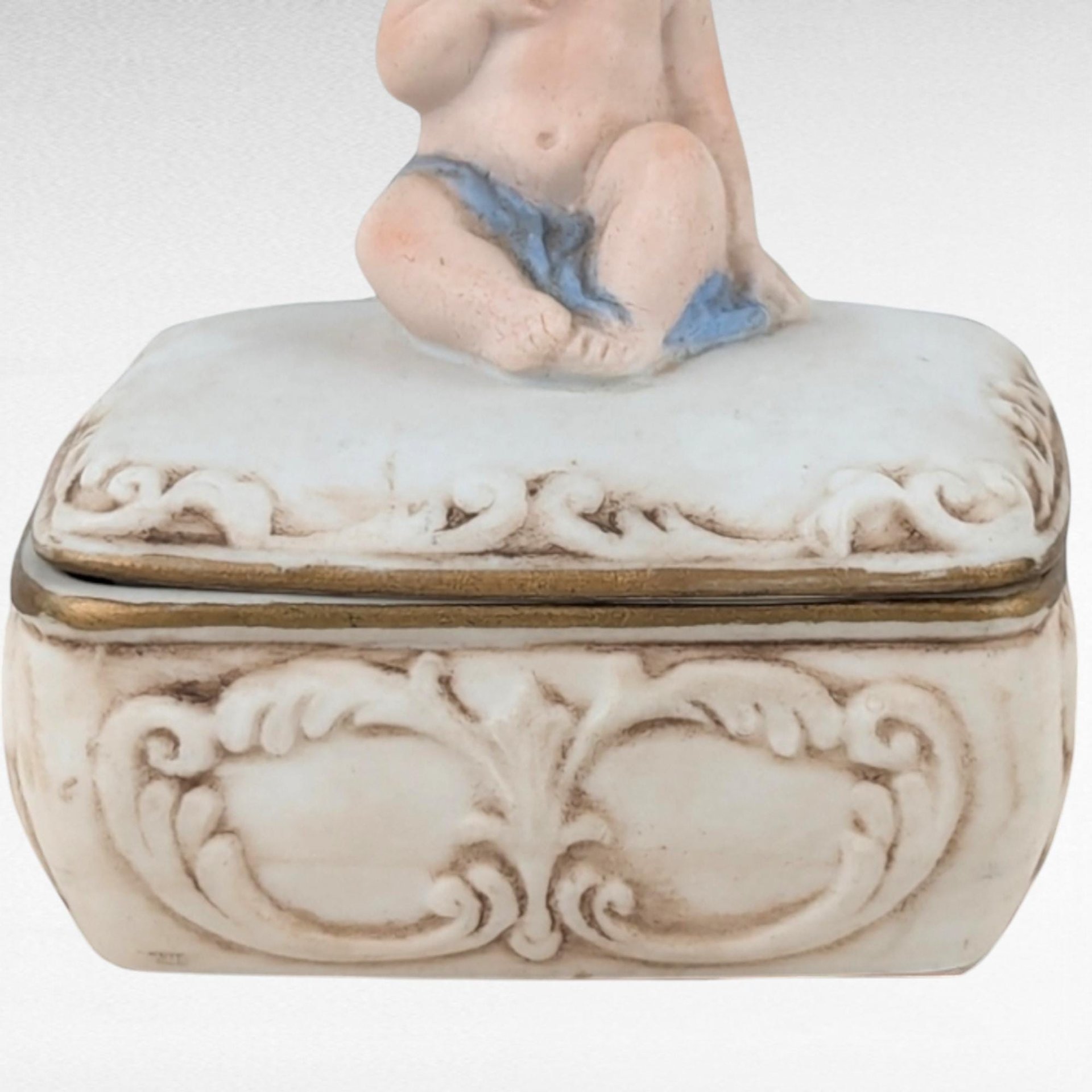 Bisque Porcelain Trinket Box, Baby with Blue Blanket Figurine, Keepsake Box, Nursery Decor, Gift for Baby Shower, Christening Gift