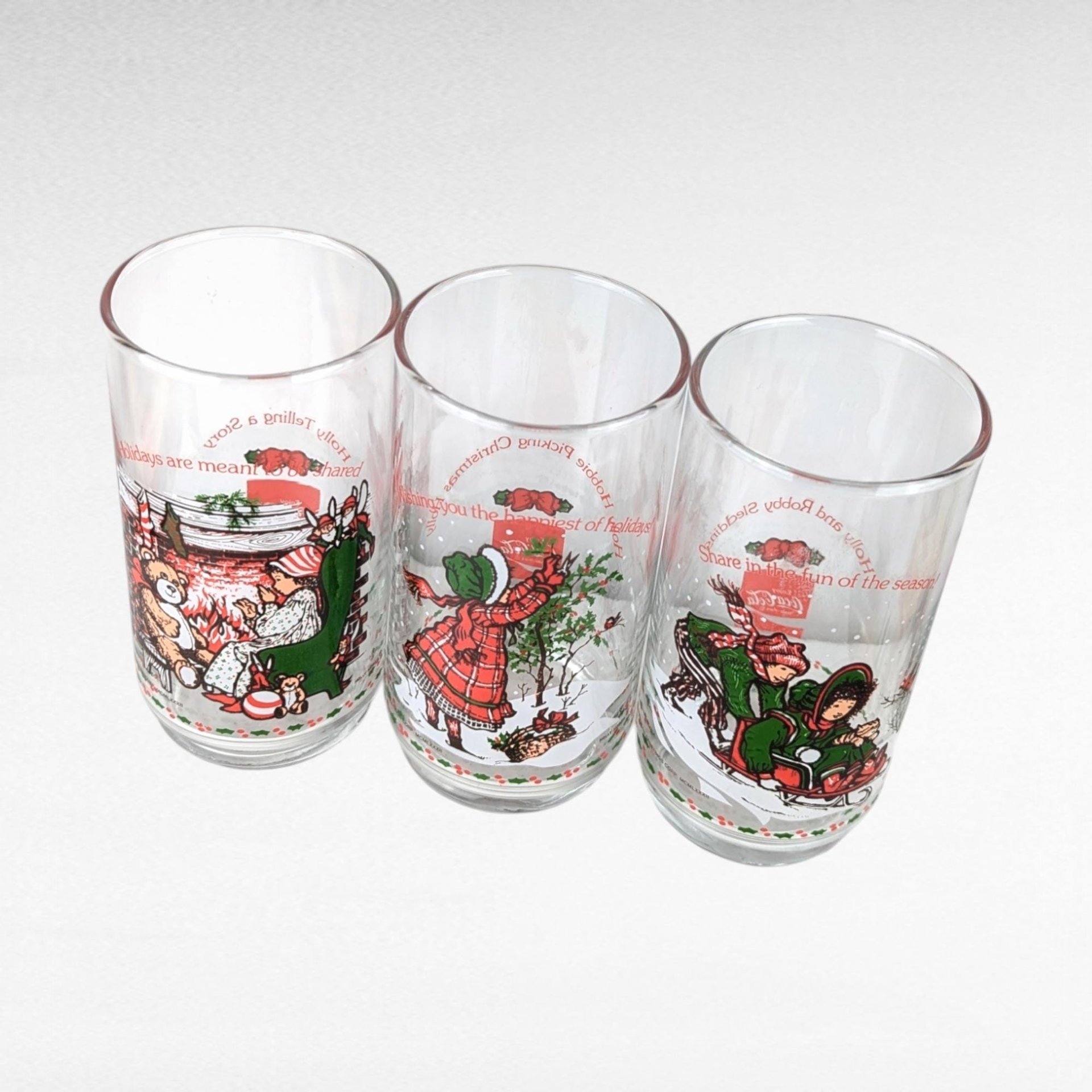 1982 Coca Cola Holly Hobbie Christmas Glasses, Vintage Set of 3, Holiday Drinkware, Collectible Coca Cola Glasses, Gift for Nostalgia Lovers