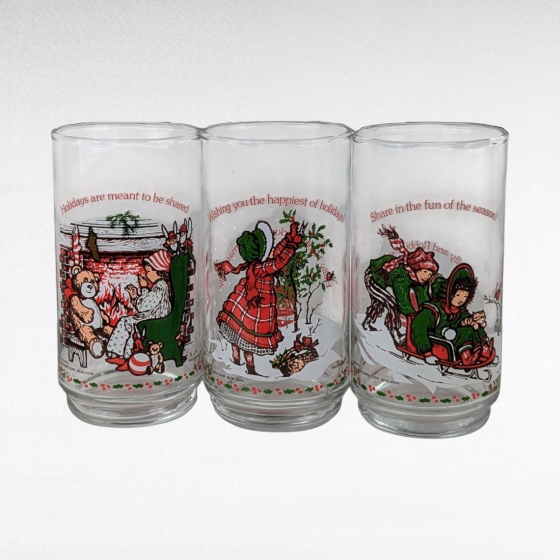 1982 Coca Cola Holly Hobbie Christmas Glasses, Vintage Set of 3, Holiday Drinkware, Collectible Coca Cola Glasses, Gift for Nostalgia Lovers