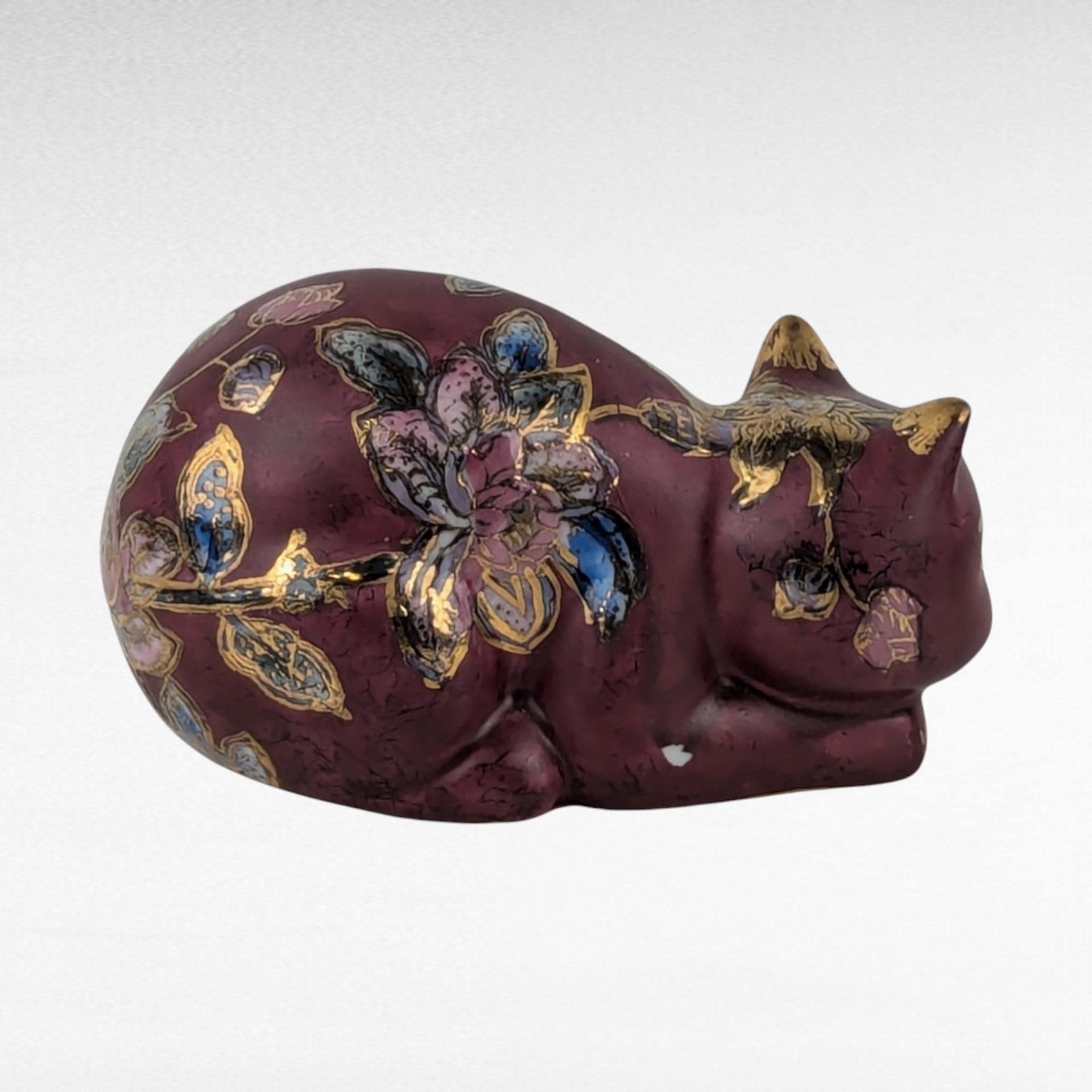 Vintage Fitz and Floyd Ceramic Cat Figurine, Hand-Painted Floral Design, Collectible Cat Decor, Gift for Cat Lovers