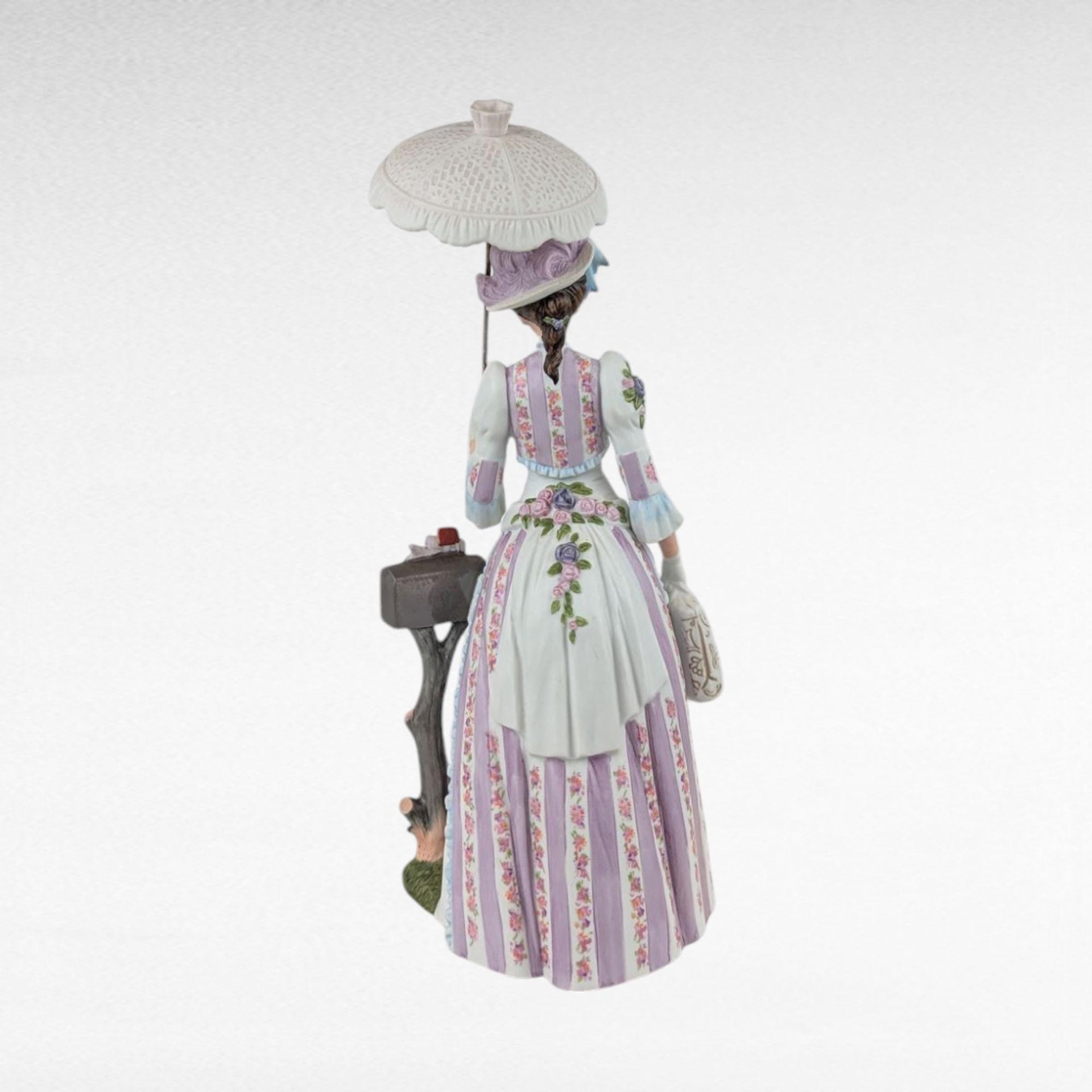 1988 Avon Mrs. Albee Award Figurine, Purple Dress, Parasol, Mailbox, Vintage Avon Collectible, Decorative Figurine, 11" Tall