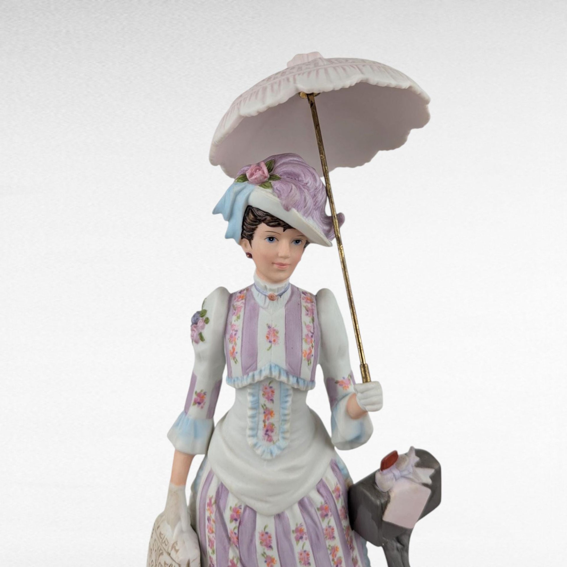 1988 Avon Mrs. Albee Award Figurine, Purple Dress, Parasol, Mailbox, Vintage Avon Collectible, Decorative Figurine, 11" Tall