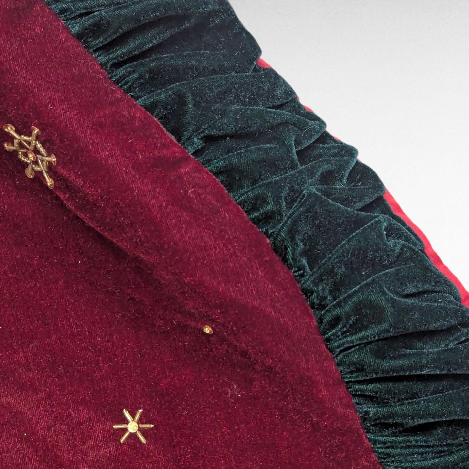 Vintage Handmade Burgundy and Green Velvet Shawl with Eyelet Clasps, One-Size, Warm, Festive