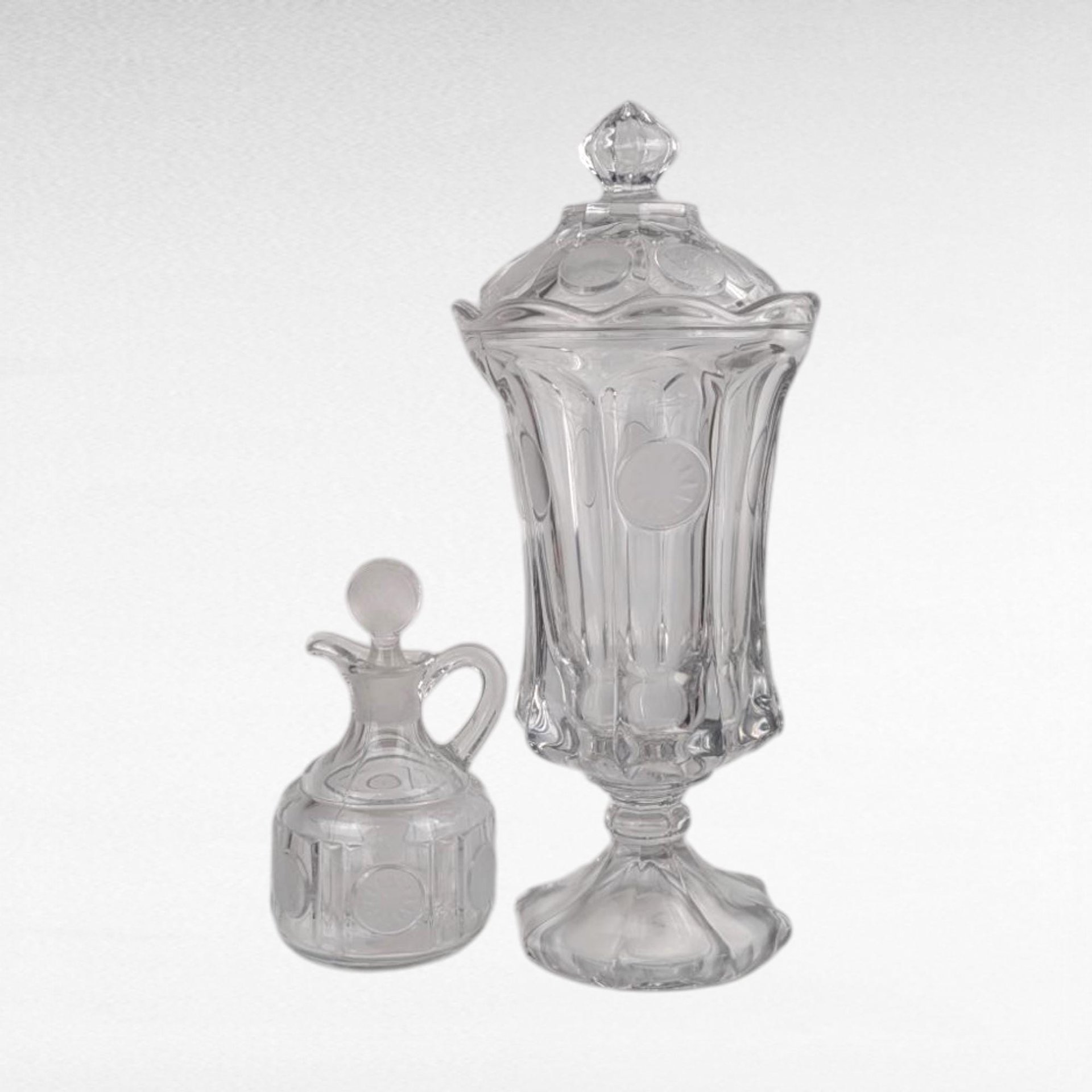 Vintage Fostoria Coin Covered Urn and Cruet Set.