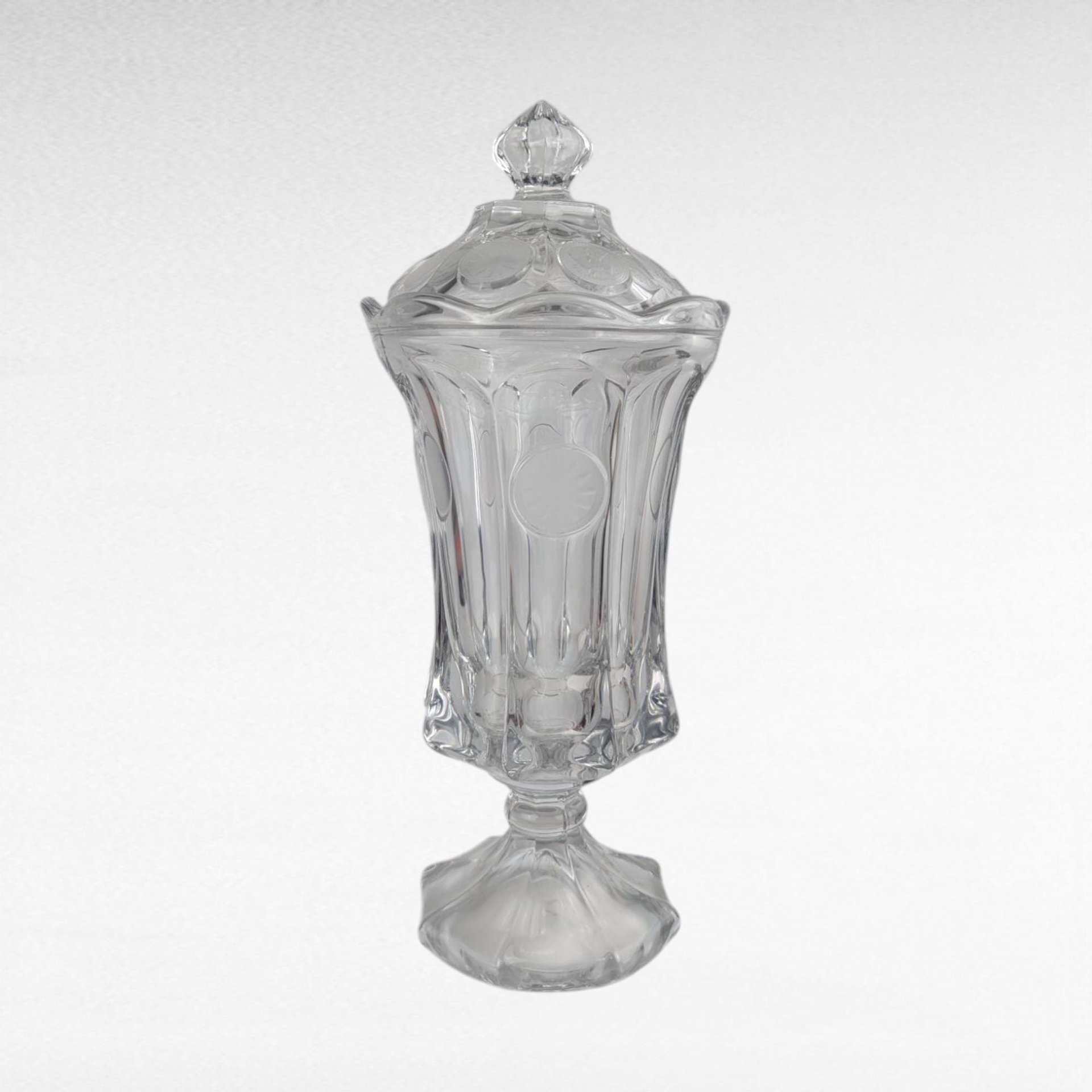 Vintage Fostoria Coin Covered Urn and Cruet Set, Crystal Glass, 13" Height, Decorative Set, Gift for Collector