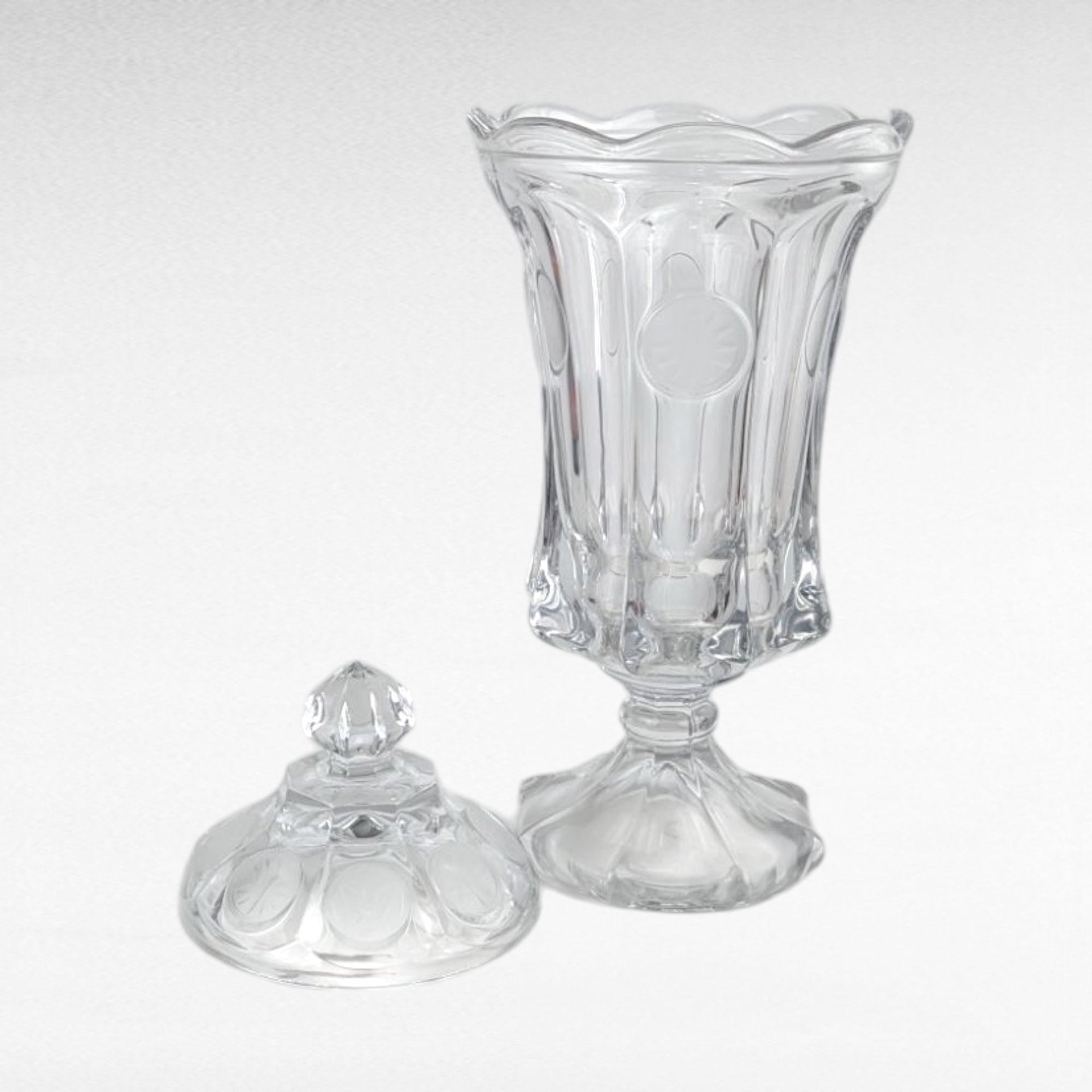 Vintage Fostoria Coin Covered Urn and Cruet Set, Crystal Glass, 13" Height, Decorative Set, Gift for Collector