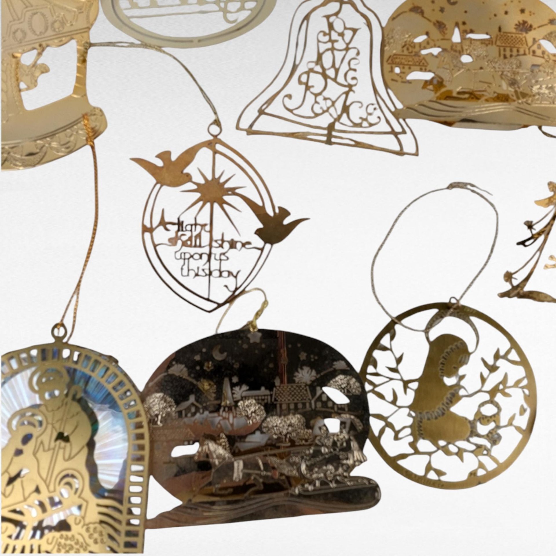Vintage Gold Tone Christmas Ornaments, 14 Piece Holiday Decor Set, Classic Christmas Tree Ornaments, Gift for Ornament Collectors