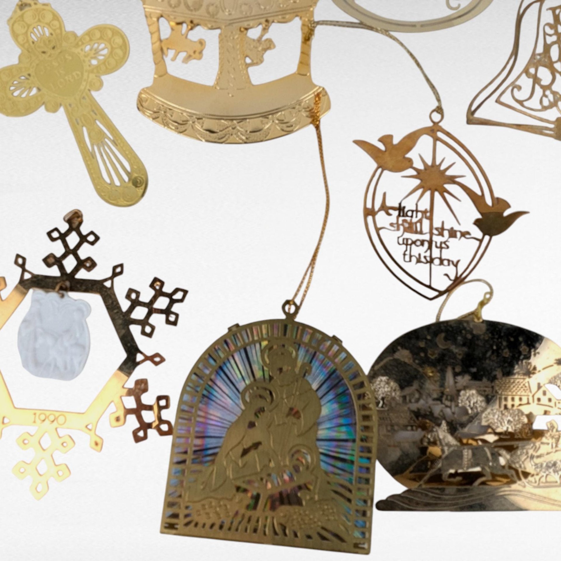 Vintage Gold Tone Christmas Ornaments, 14 Piece Holiday Decor Set, Classic Christmas Tree Ornaments, Gift for Ornament Collectors