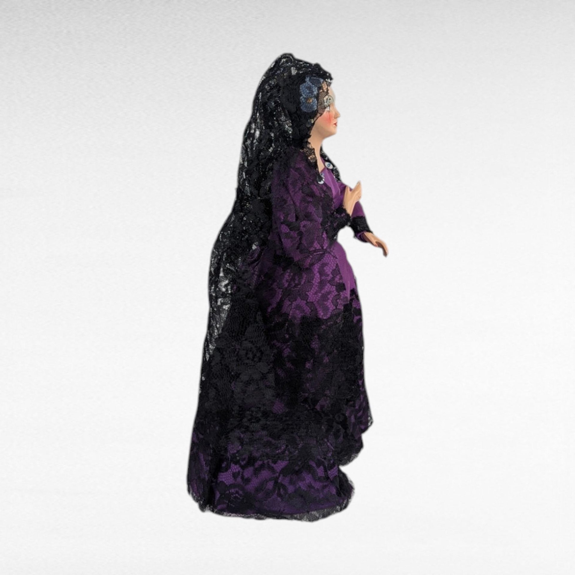 Vintage 1960s Spanish Flamenco Dancer Doll, Purple Dress, Black Lace, 11 Inches, Collectible Doll, Gift for Doll Collectors, Vintage Decor