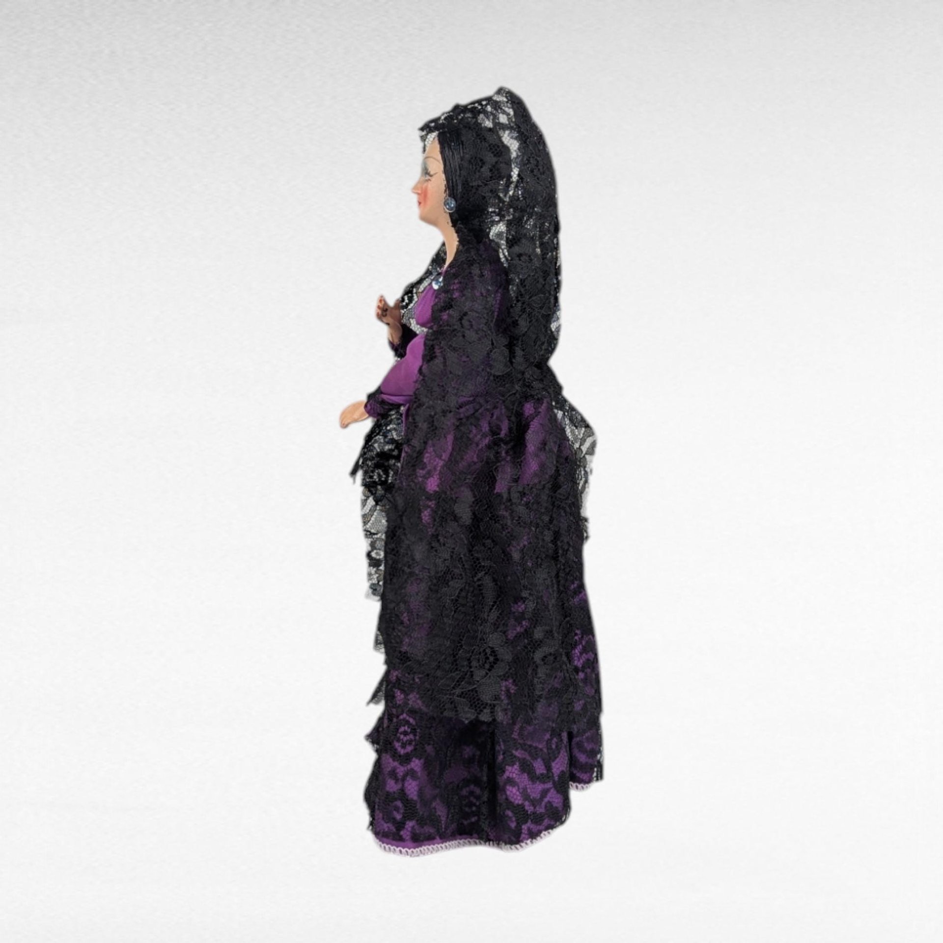 Vintage 1960s Spanish Flamenco Dancer Doll, Purple Dress, Black Lace, 11 Inches, Collectible Doll, Gift for Doll Collectors, Vintage Decor