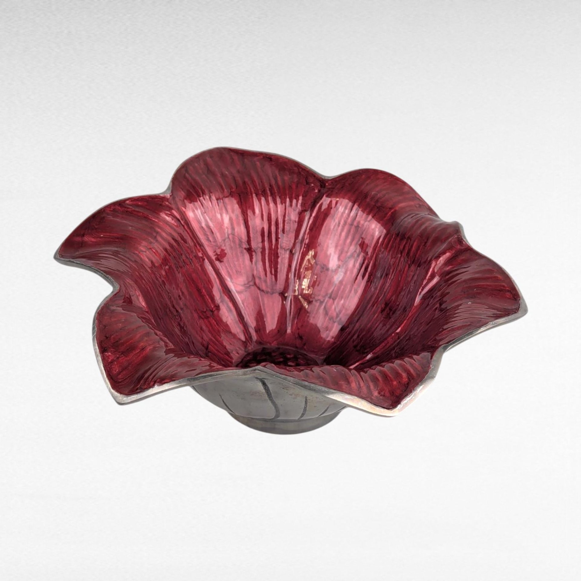 Vintage Julia Knight Flower Bowl, Mother of Pearl Enamel, Sand Cast Aluminum, Signed, Decorative Bowl, Collectible Art Bowl