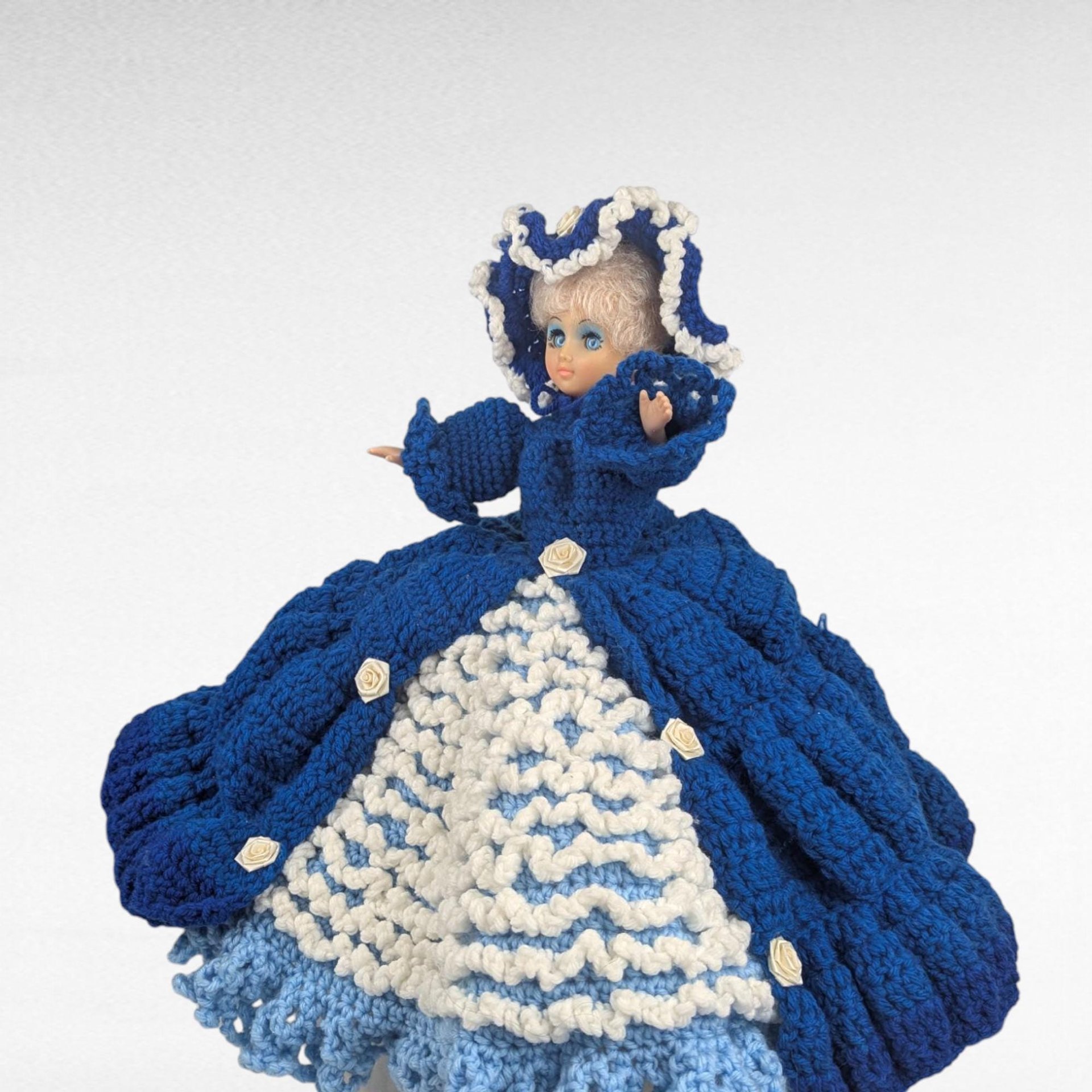 Vintage Handmade Crochet Lady Doll, Blue Dress and Bonnet, Folk Art Doll, Textile Art, Collectible Doll, Unique Gift, Home Decor