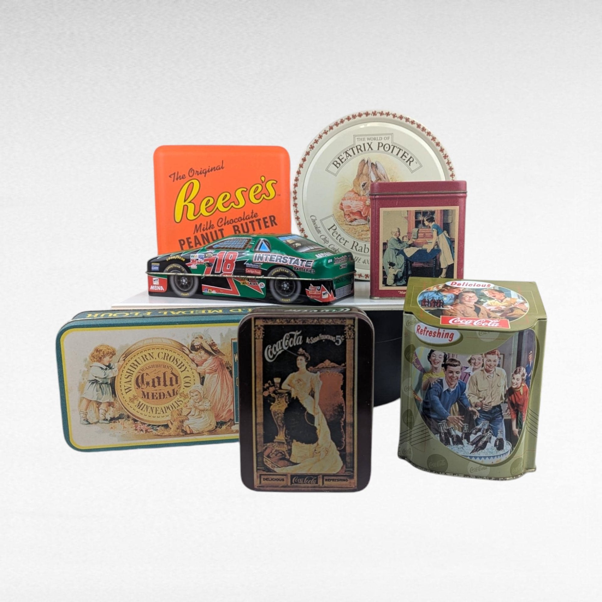 Vintage Collectible Tins - Hershey Reese's, Beatrix Potter, Coca Cola, & More - Decorative Storage, Gift for Collector